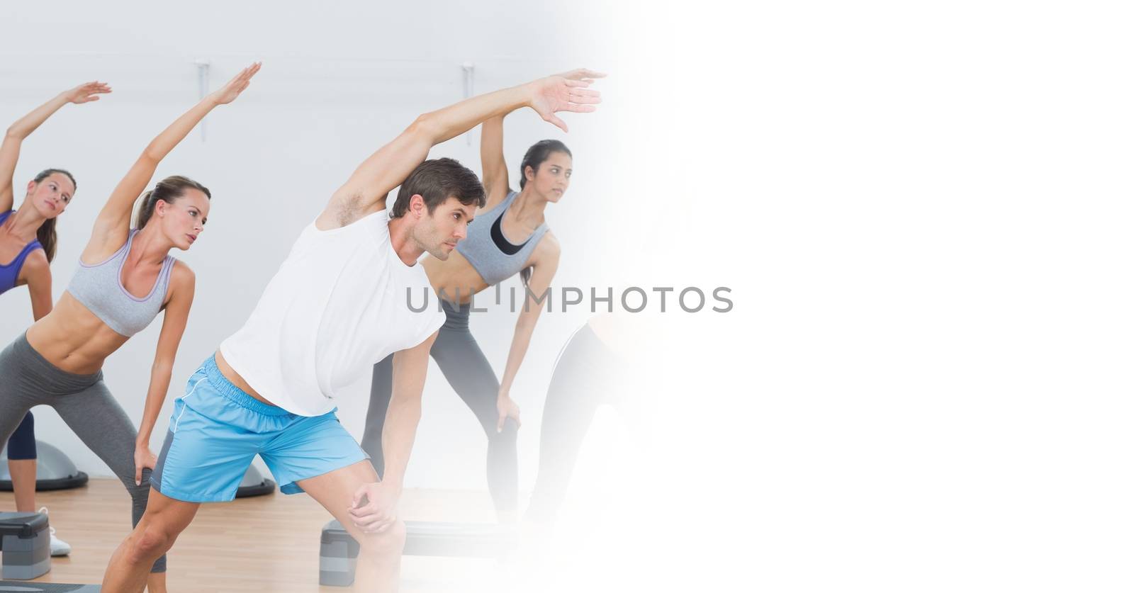 Digital composite of People stretching and white transition