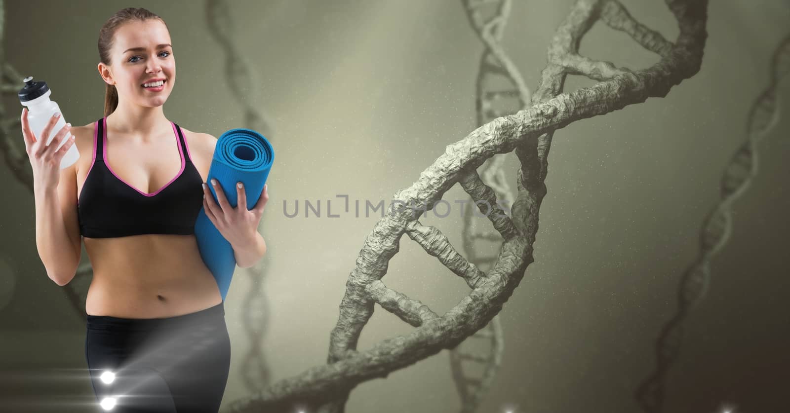 Digital composite of Woman holding yoga mat and bottle against DNA structures