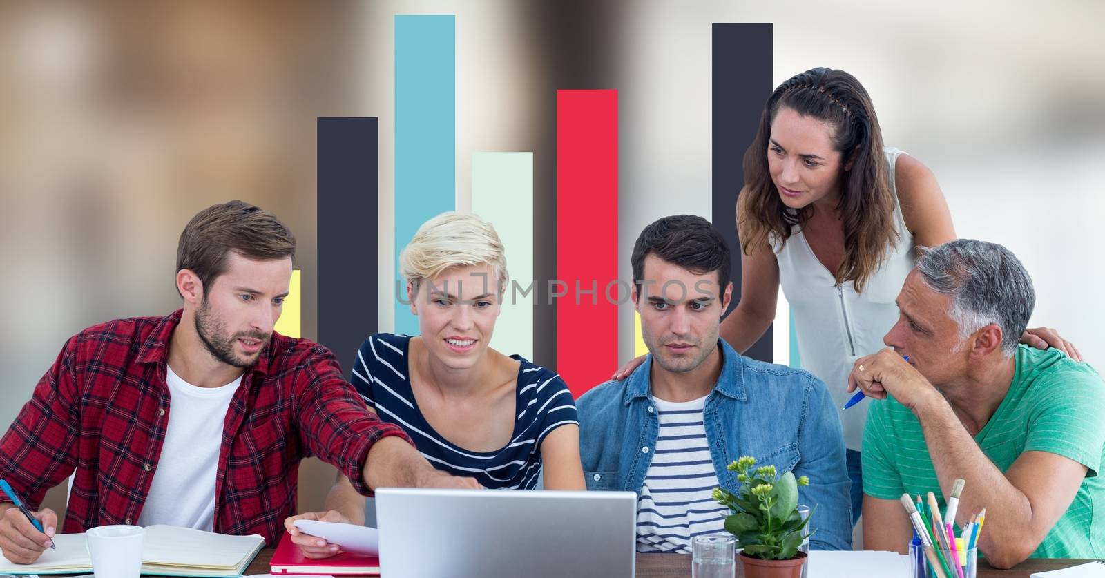 Digital composite of Business people discussing against graph