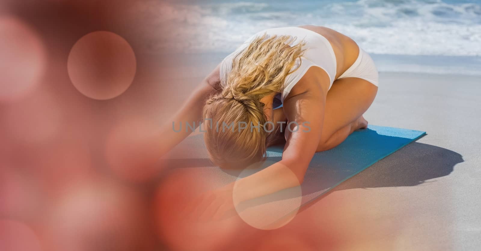 Digital composite of Woman performing yoga at beach