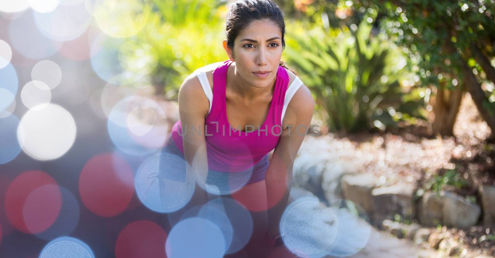 Digital composite of Young woman in sports wear outdoors