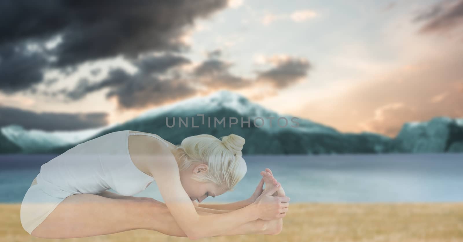 Digital composite of Double exposure of fit woman doing yoga at beach