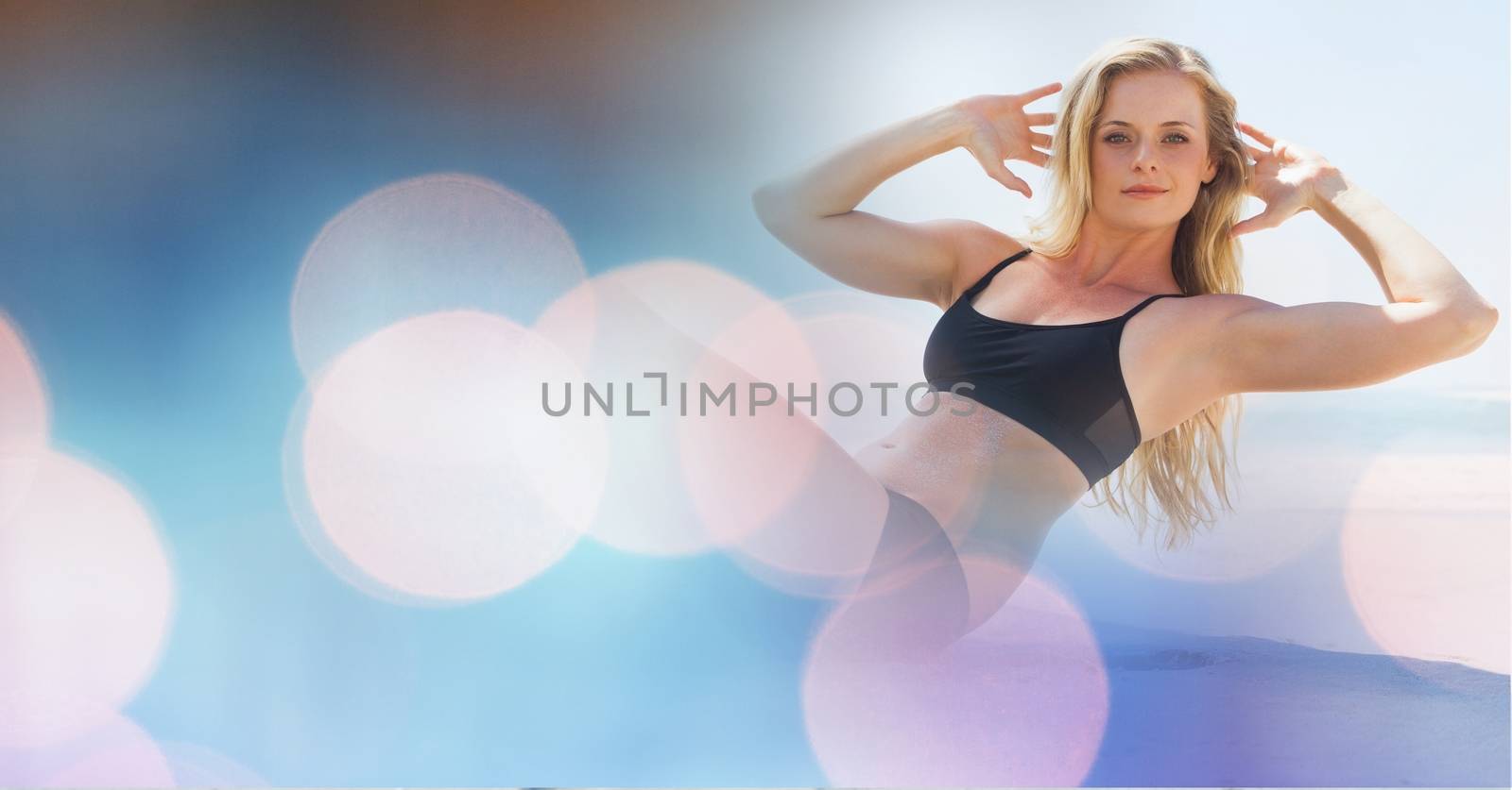Digital composite of Fit woman exercising outdoors