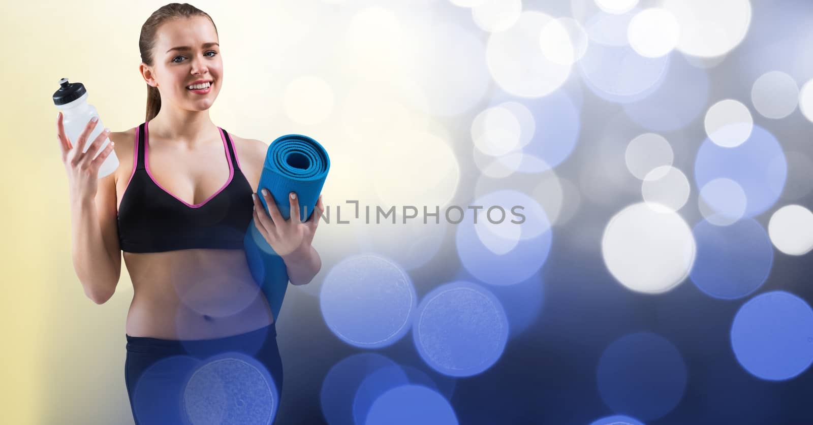 Digital composite of Fit woman holding yoga mat and water bottle