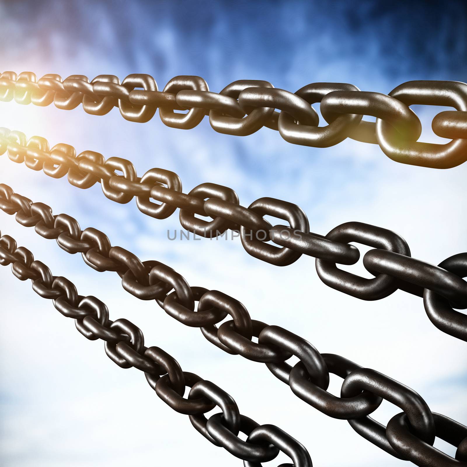 Closeup 3d image of silver chains against view of cloudy sky