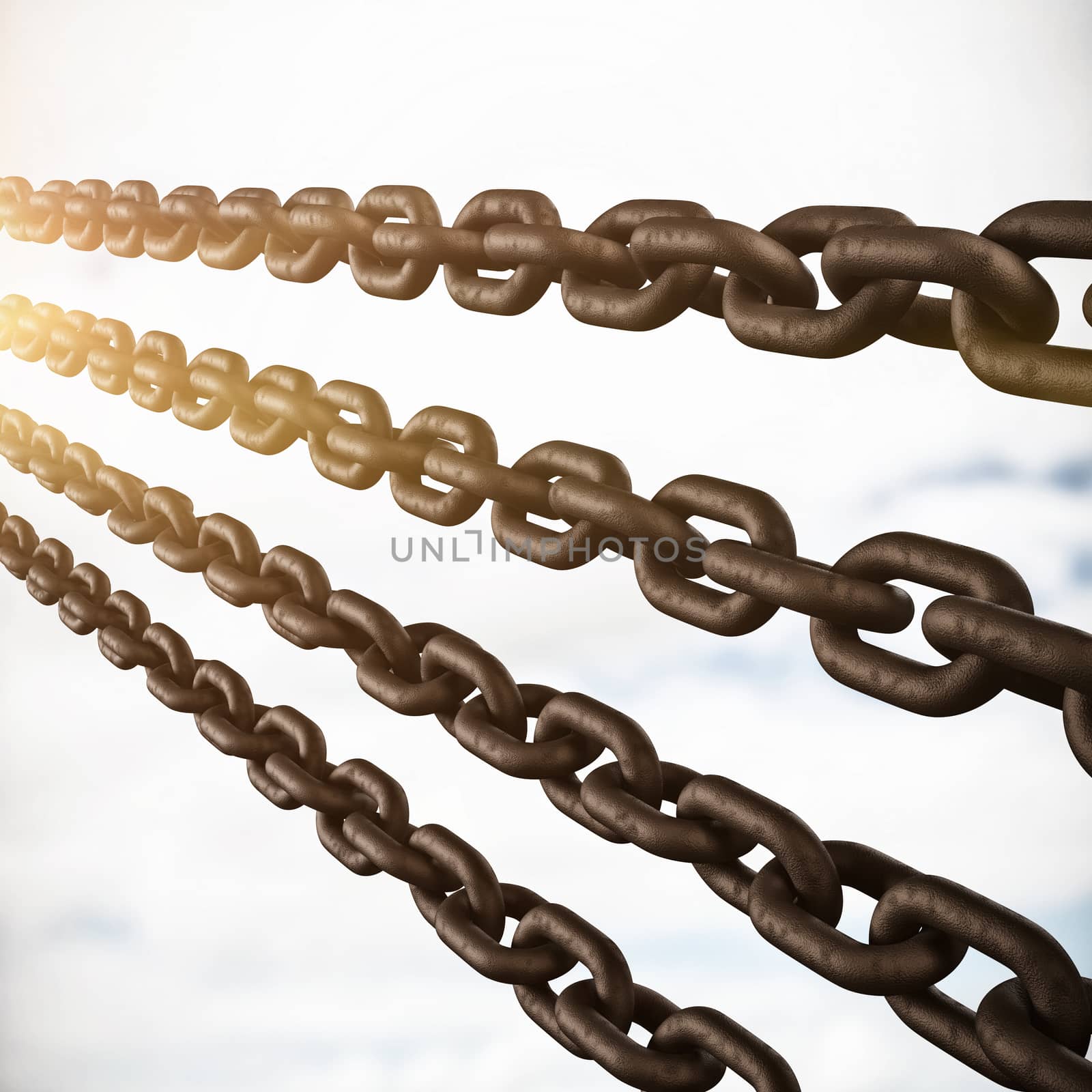 Closeup 3d image of rusty chains against golden fields with hay against cloudy sky