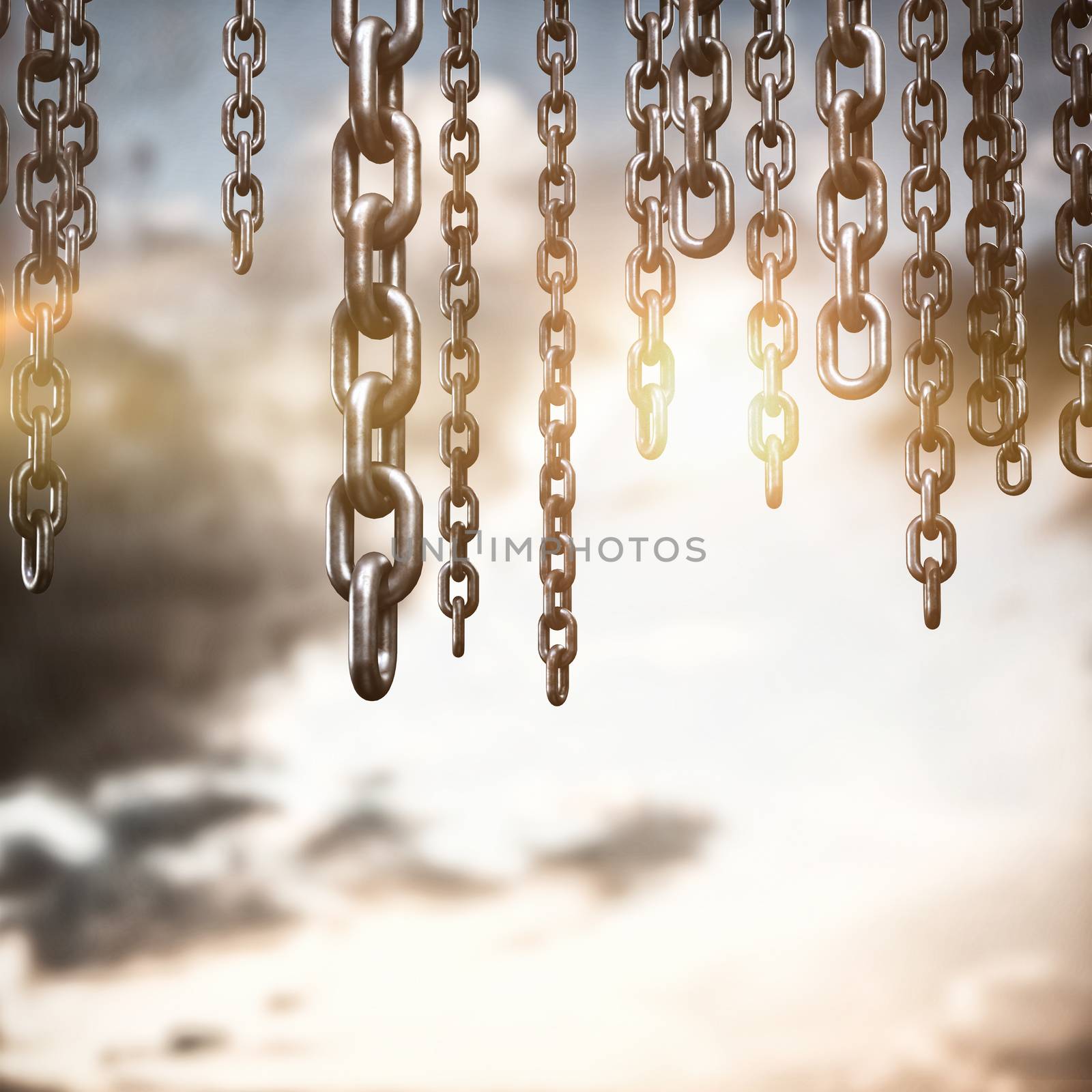 3d image of chains hanging against blue and orange sky with clouds