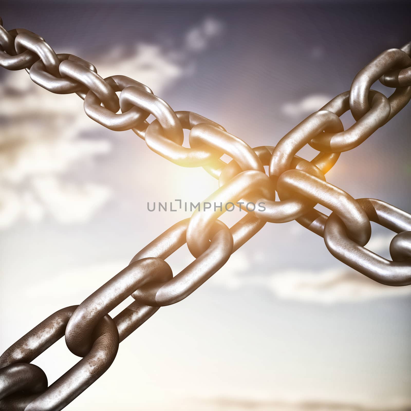 Closeup 3d image of metallic chains in cross shape against golden fields against cloudy sky