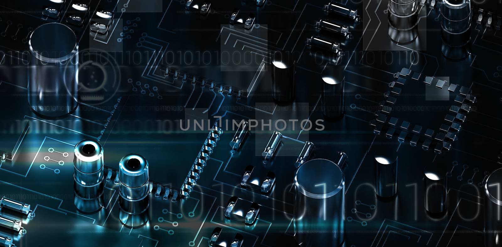 Blue technology design with binary code against close up of circuit board