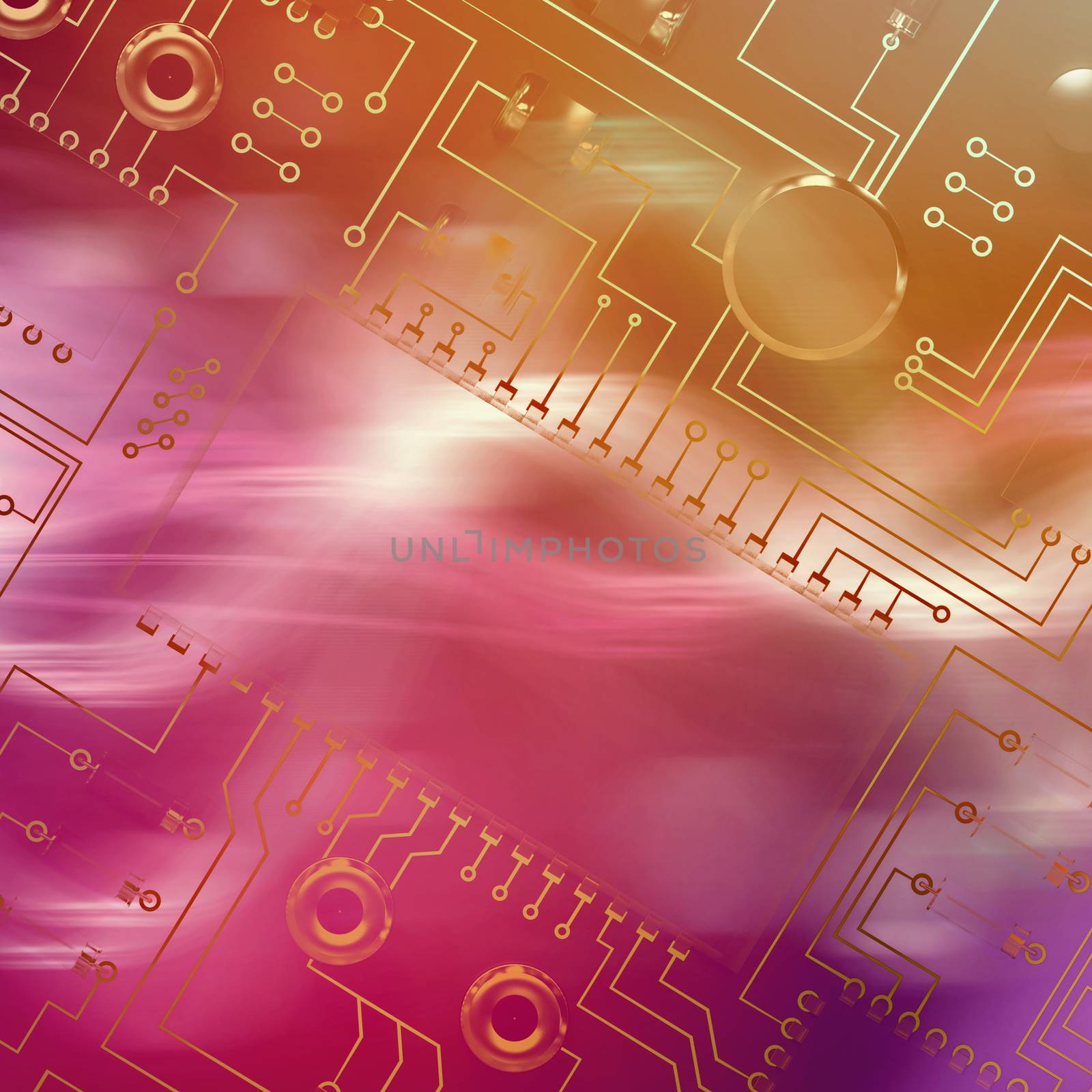 Close up of circuit board against curved laser light design in purple