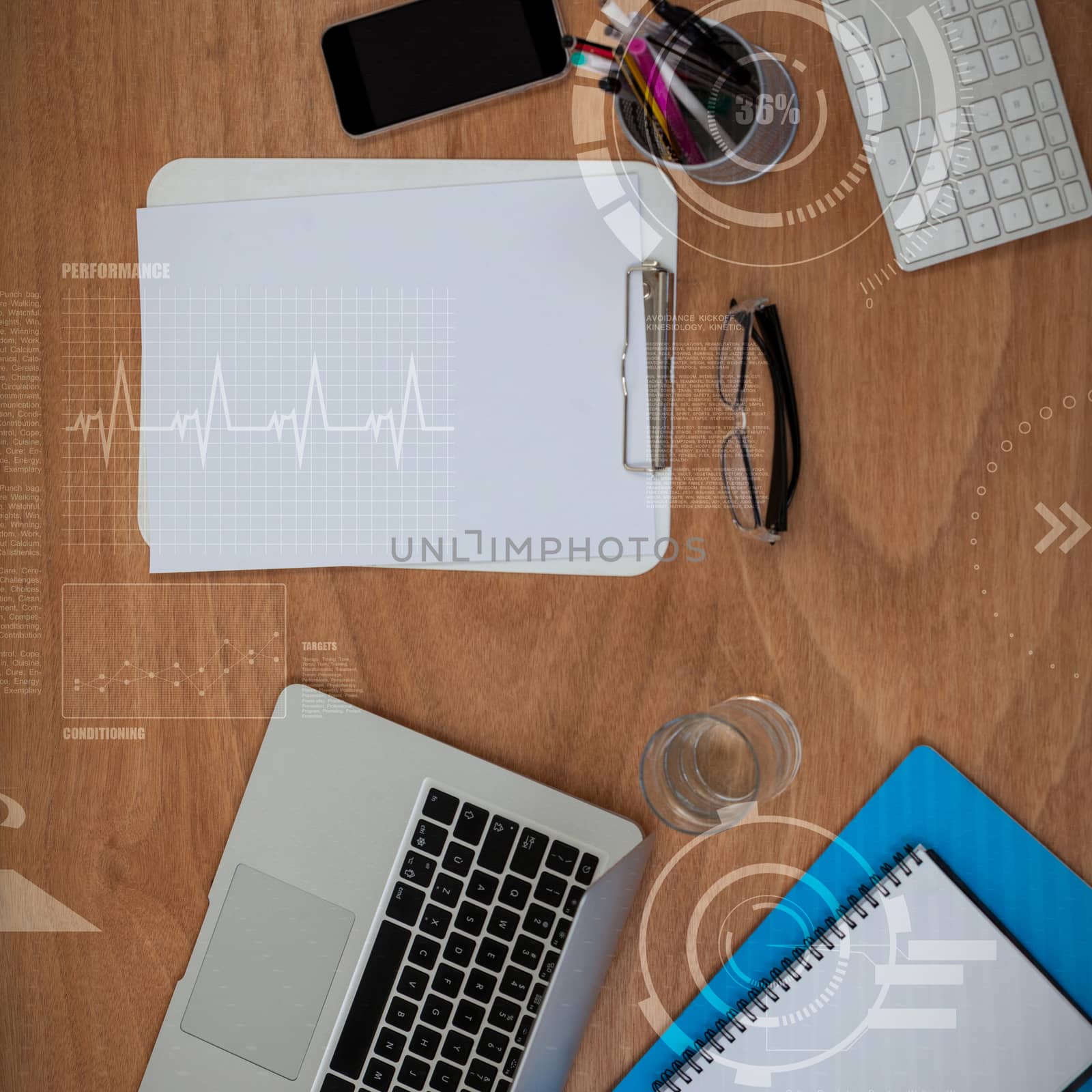 Human fitness illustration over black background against various equipment and technologies on doctors desk in hospital