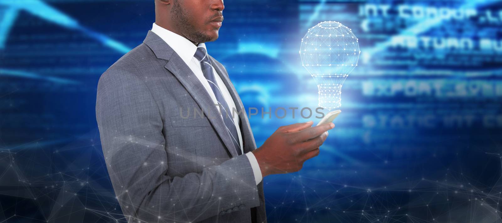 Businessman using smart phone against abstract blue text