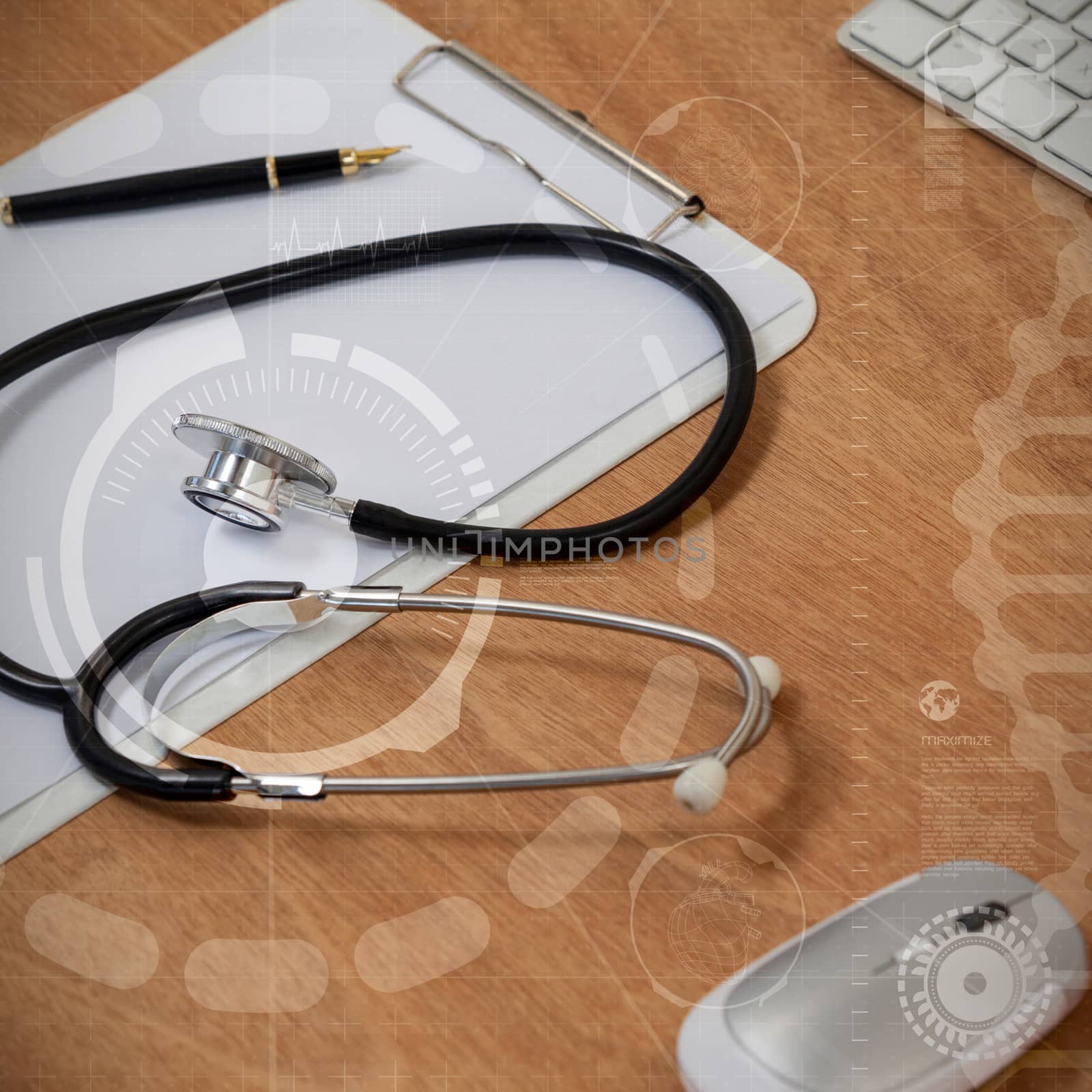 DNA illustration against black background against high angle view of stethoscope with clipboard by wireless keyboard and mouse 