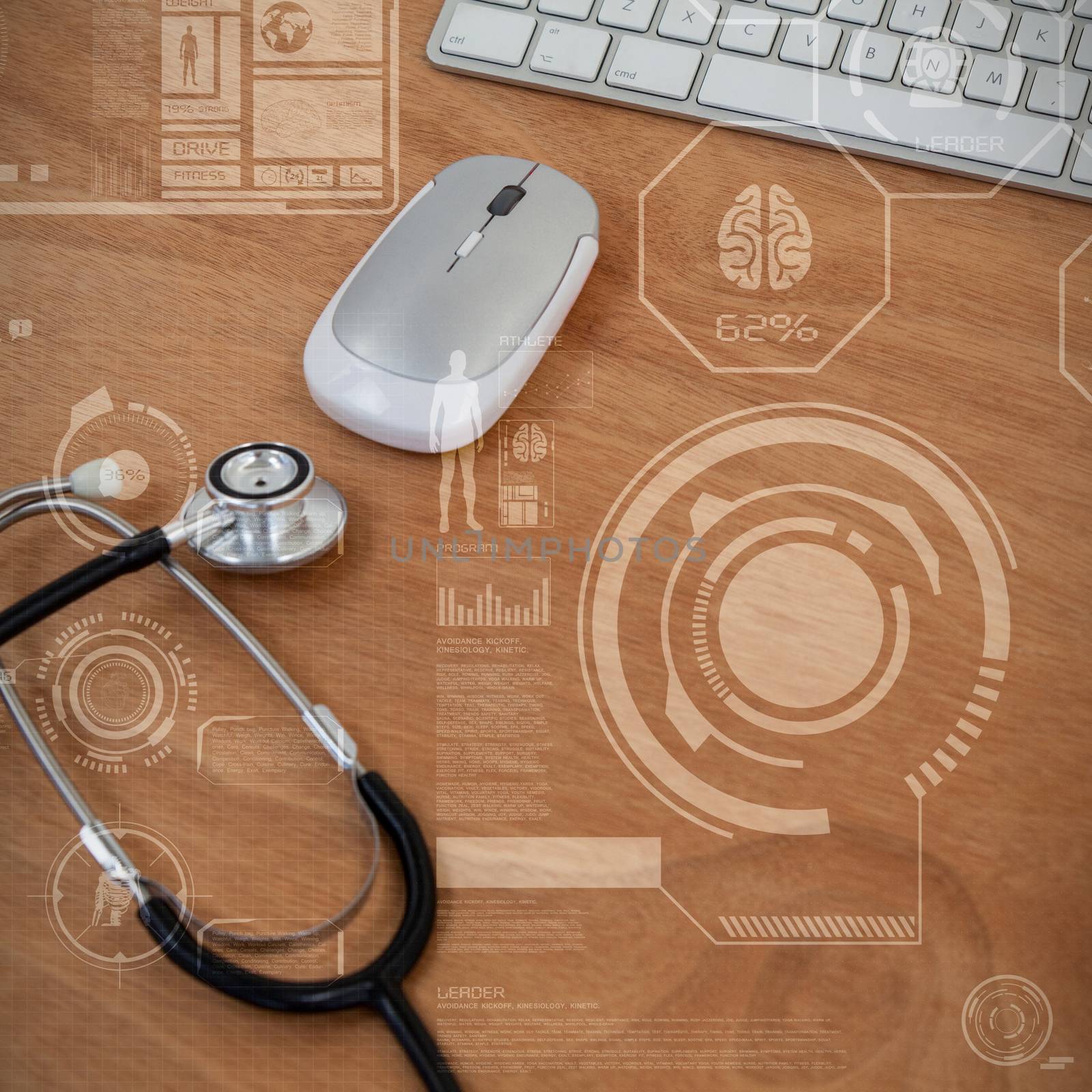 Human body organ development illustration over black background against high angle view of wireless computer mouse and keyboard with stethoscope 