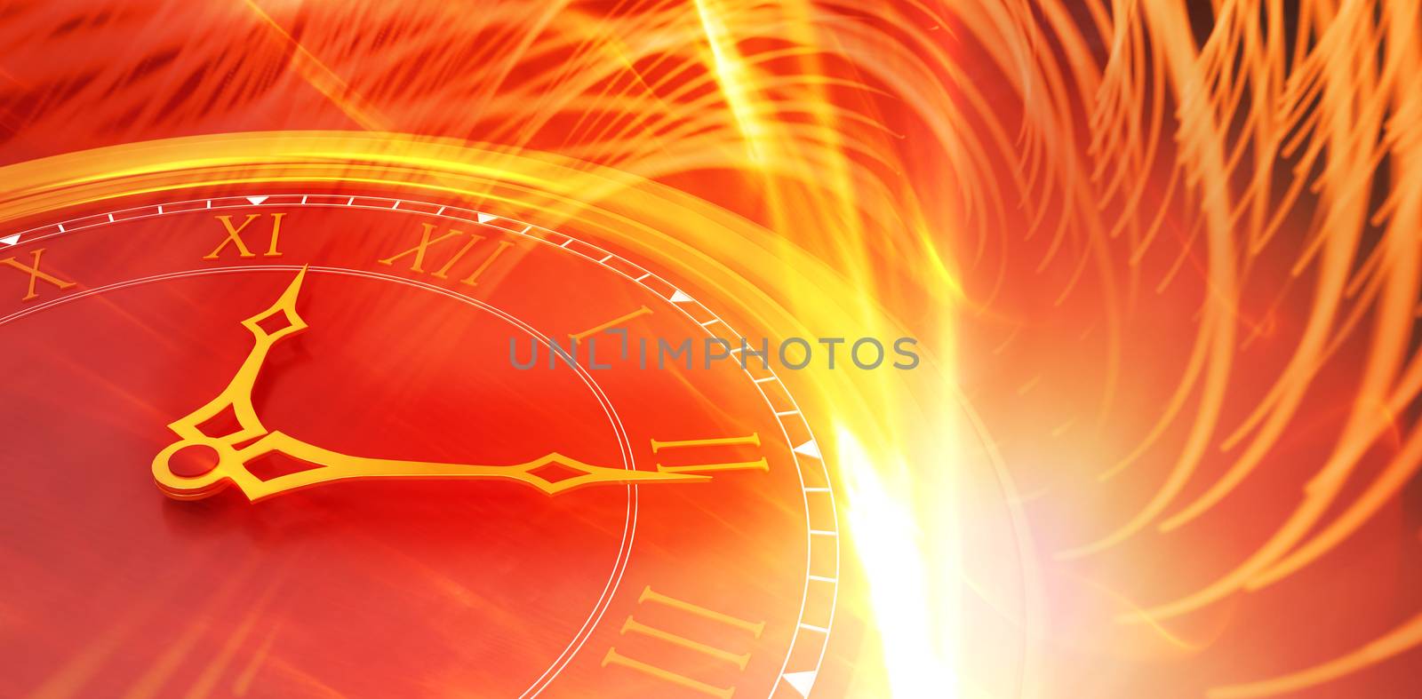 Close-up of clock hands against glowing abstract design