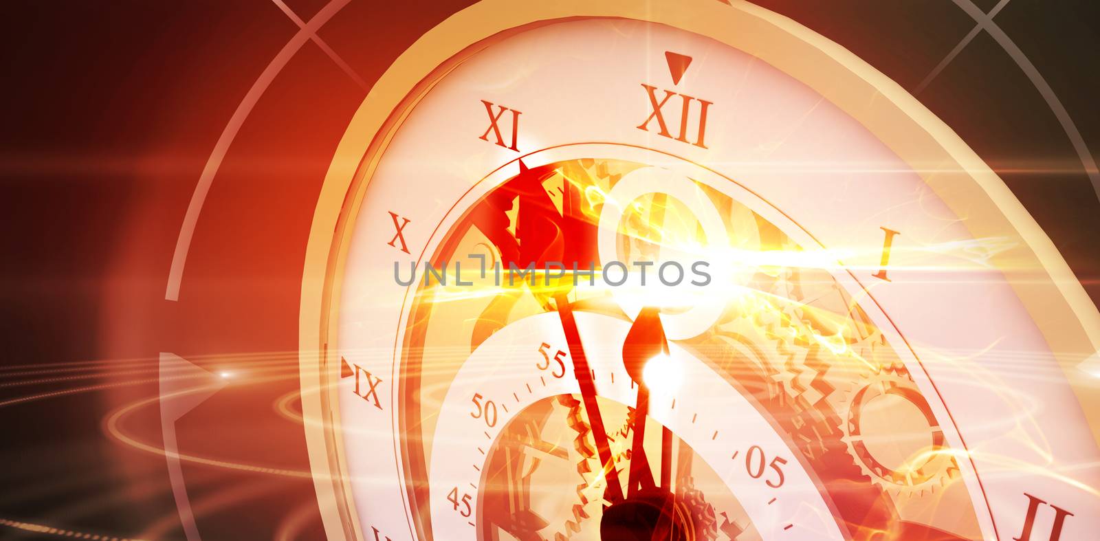 Close-up of old pocket clock against glowing abstract design