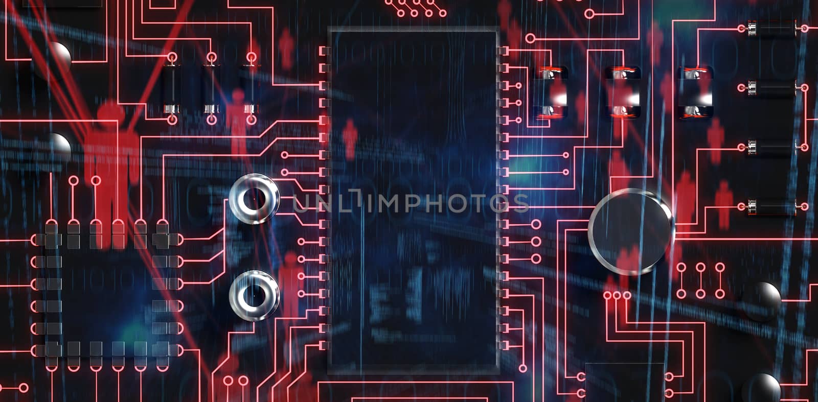 Binary codes and people icons against close up of circuit board