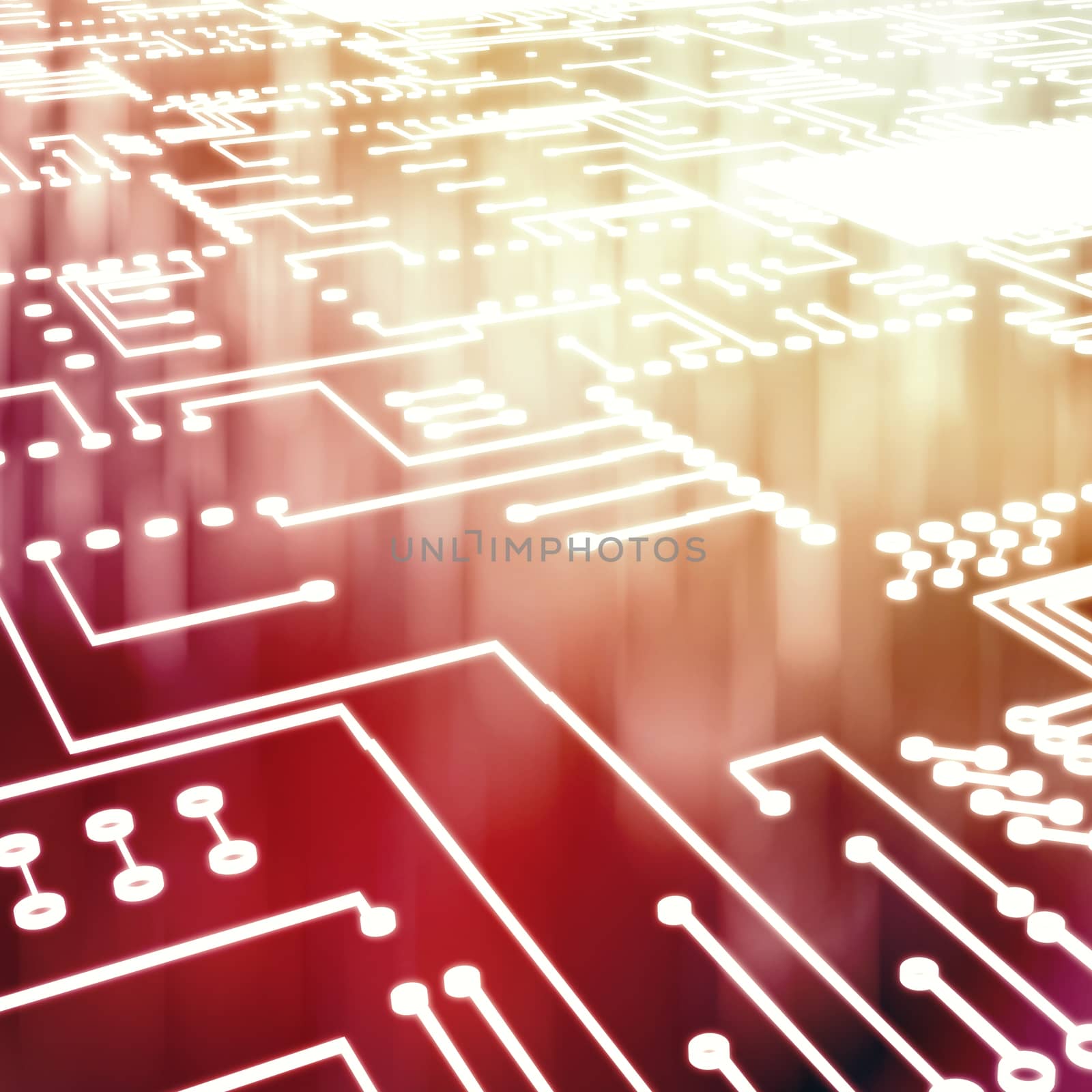 Digitally generated image of blue circuit board against glowing background