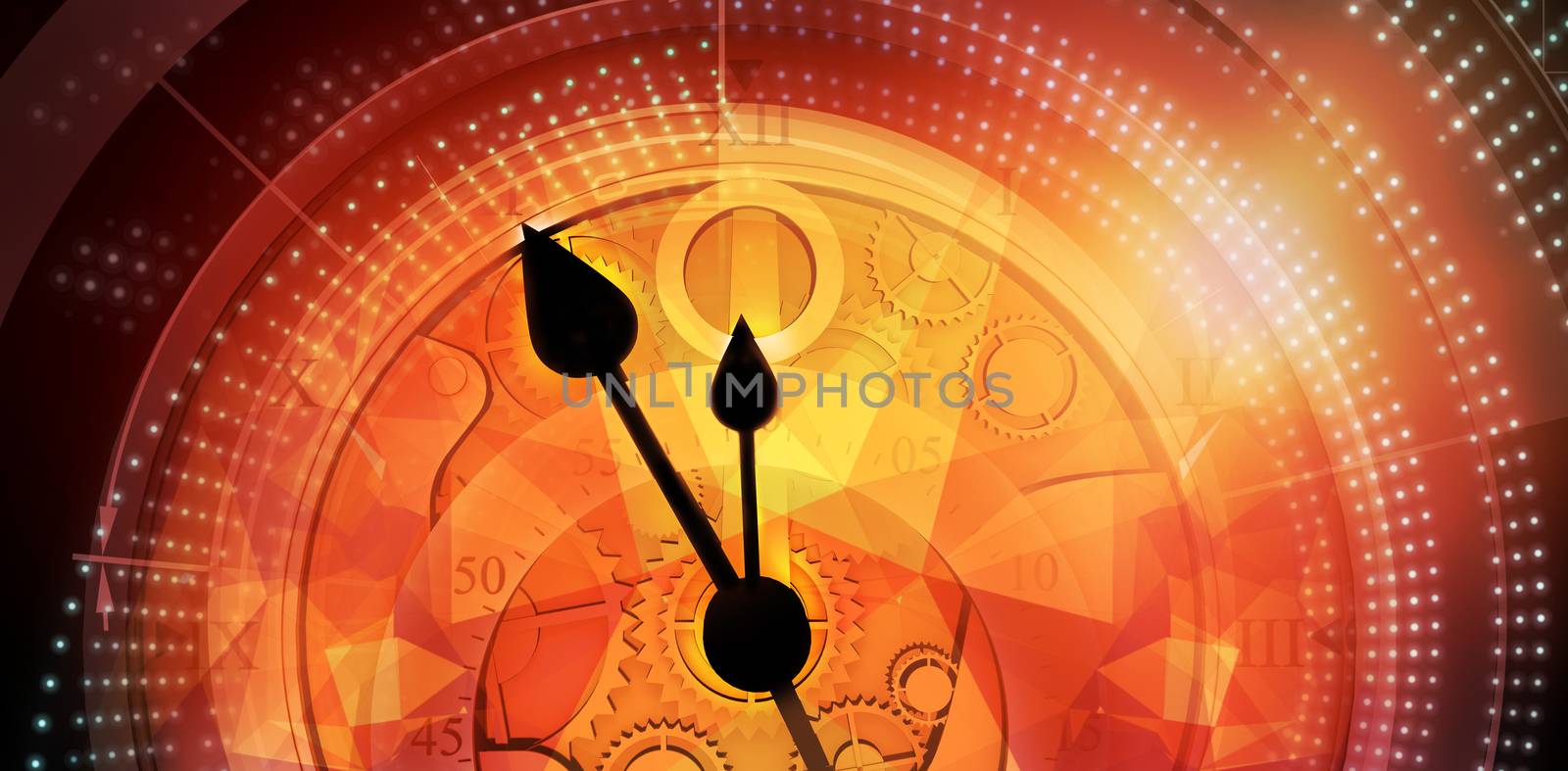 Pocketwatch against computer generated image of orange abstract patterns