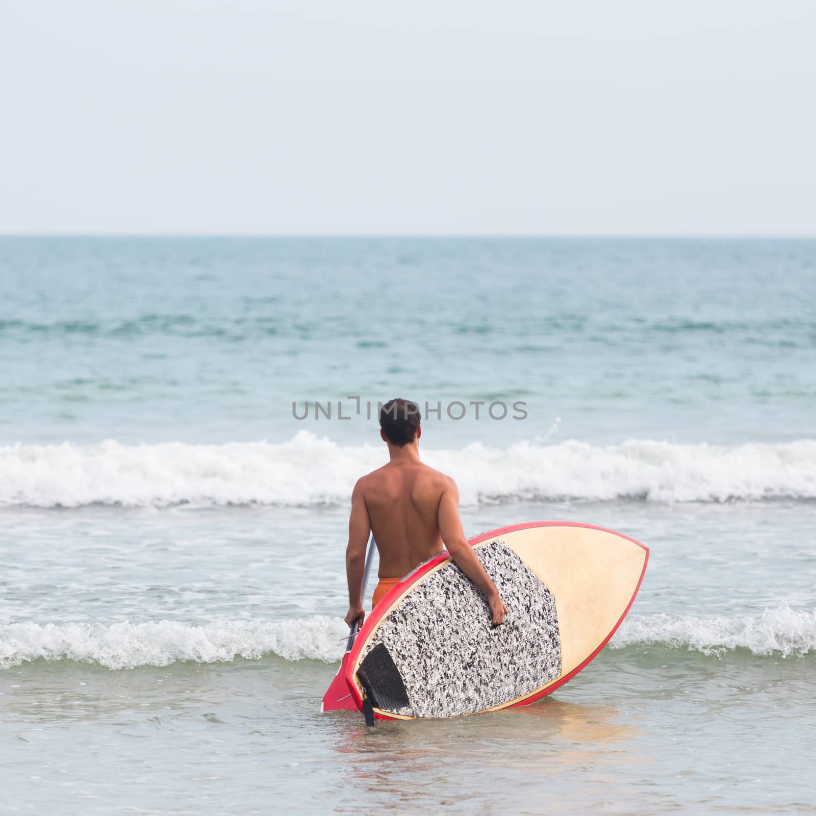 Rear view of unrecognizable male surfer at tropical beach with sup surf board and paddle in his hands.