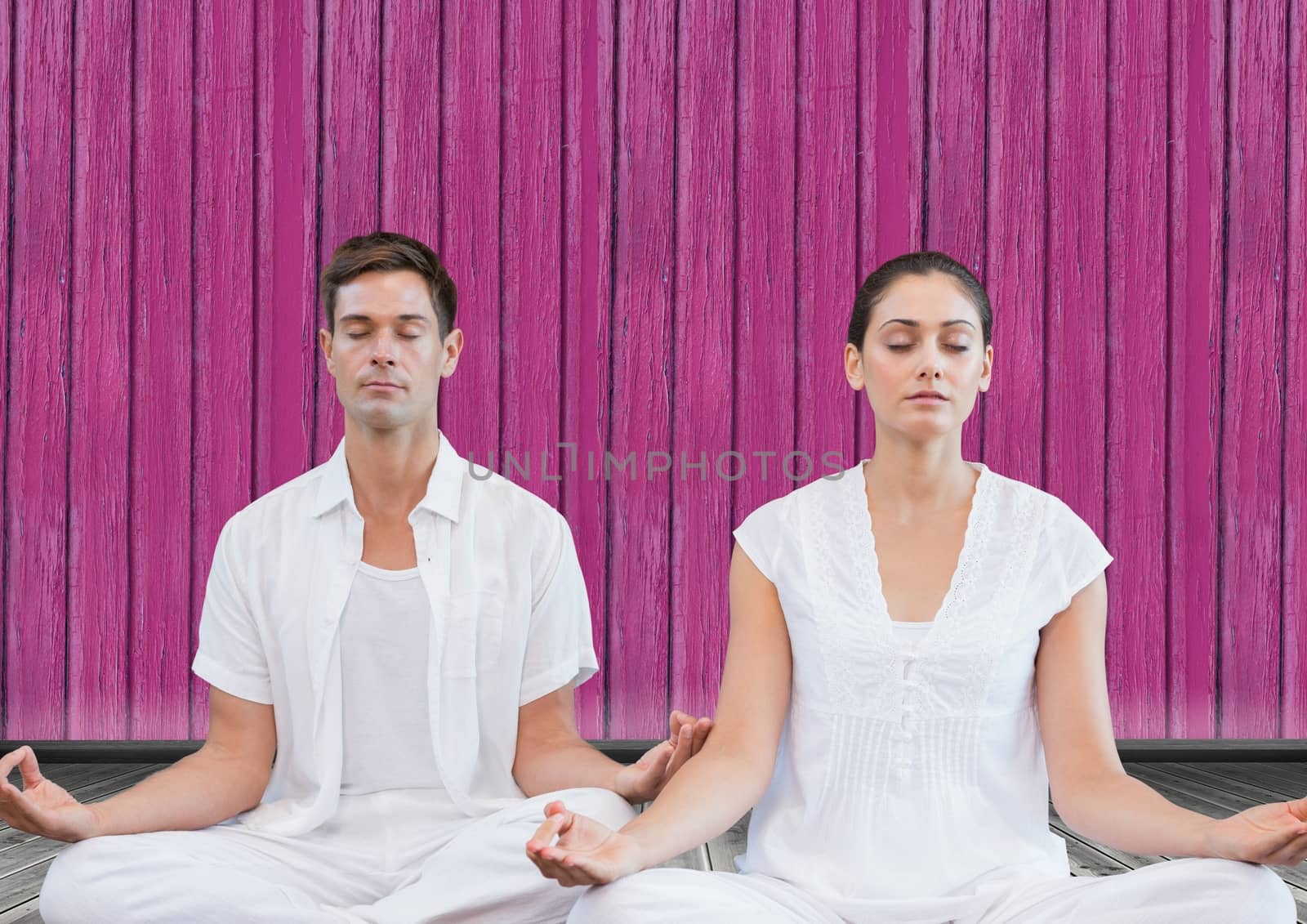 Digital composite of fitness yoga couple with pink wood background