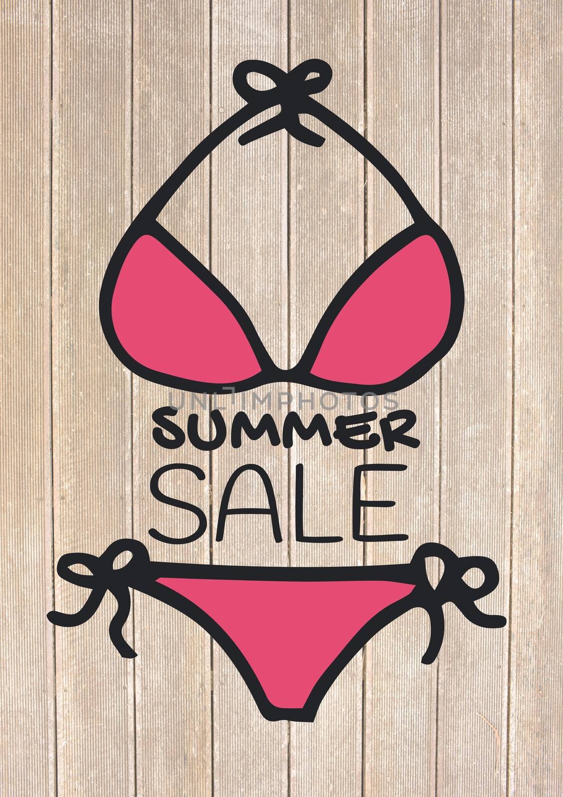 Digital composite of Summer sale text and pink bikini against decking