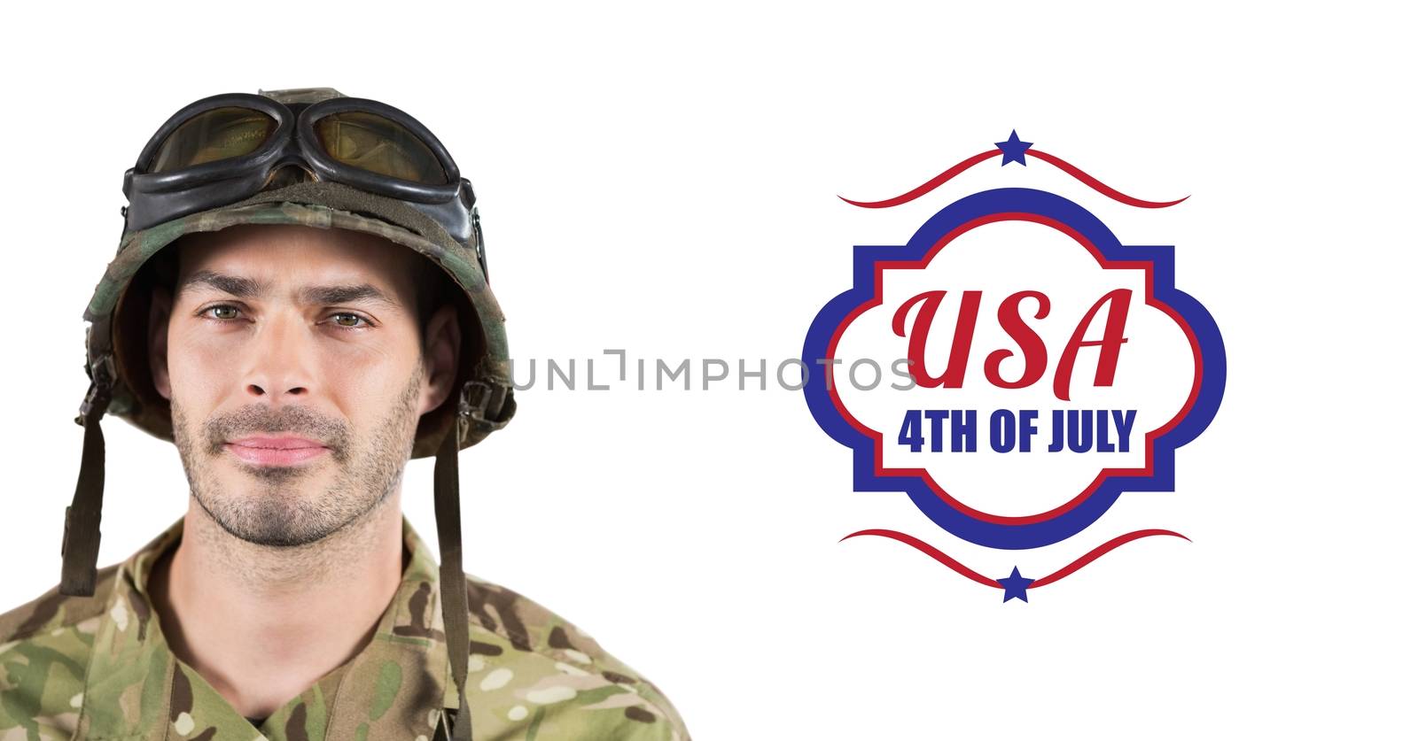 Digital composite of soldier with usa, 4th of july