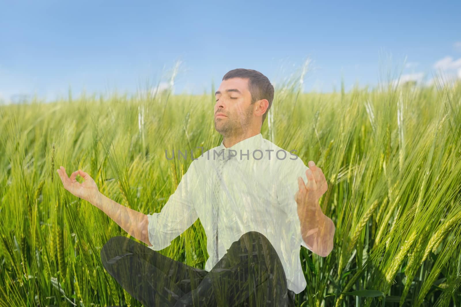 Man doing yoga in field of green sproutings by Wavebreakmedia