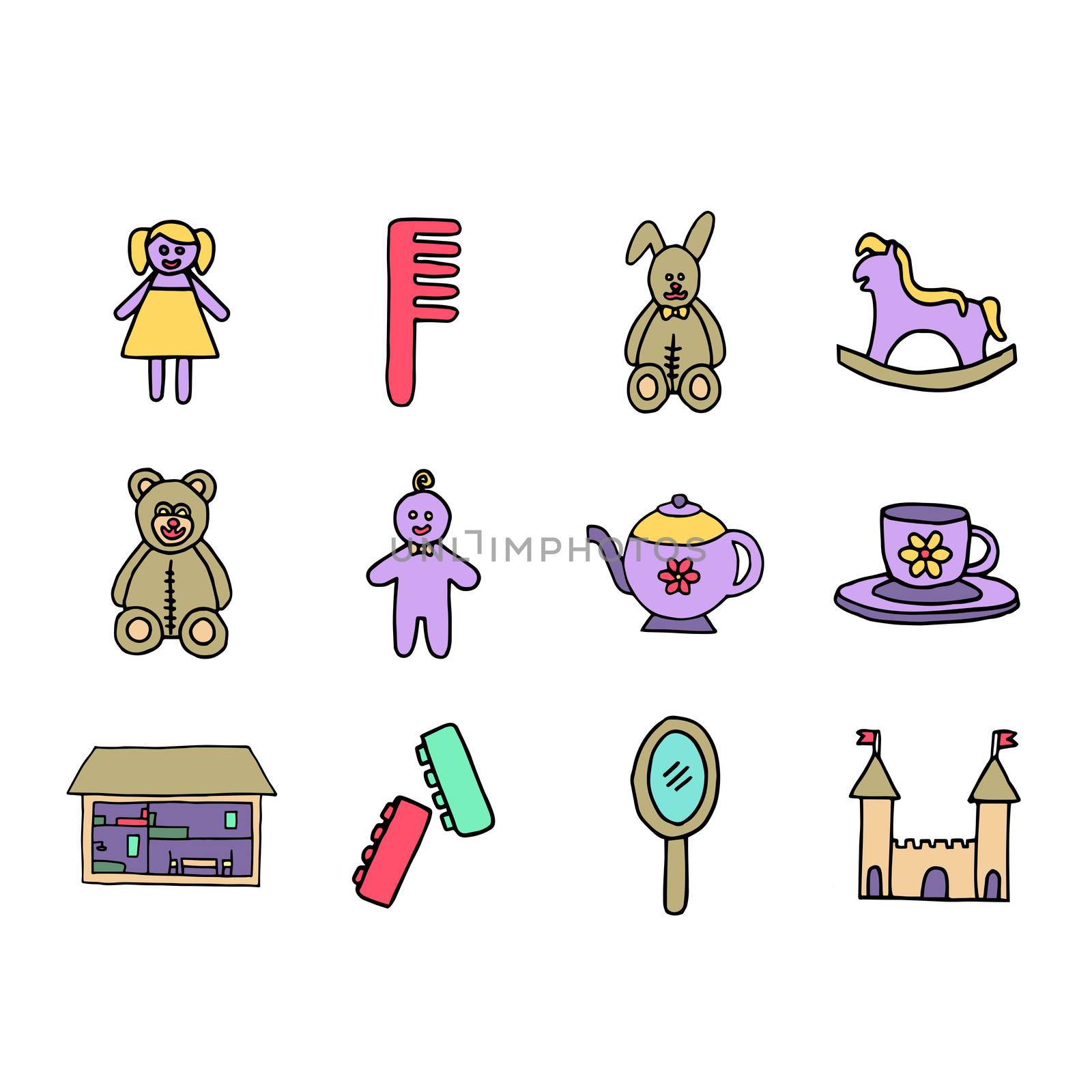 Vectors icons of various toys against white background