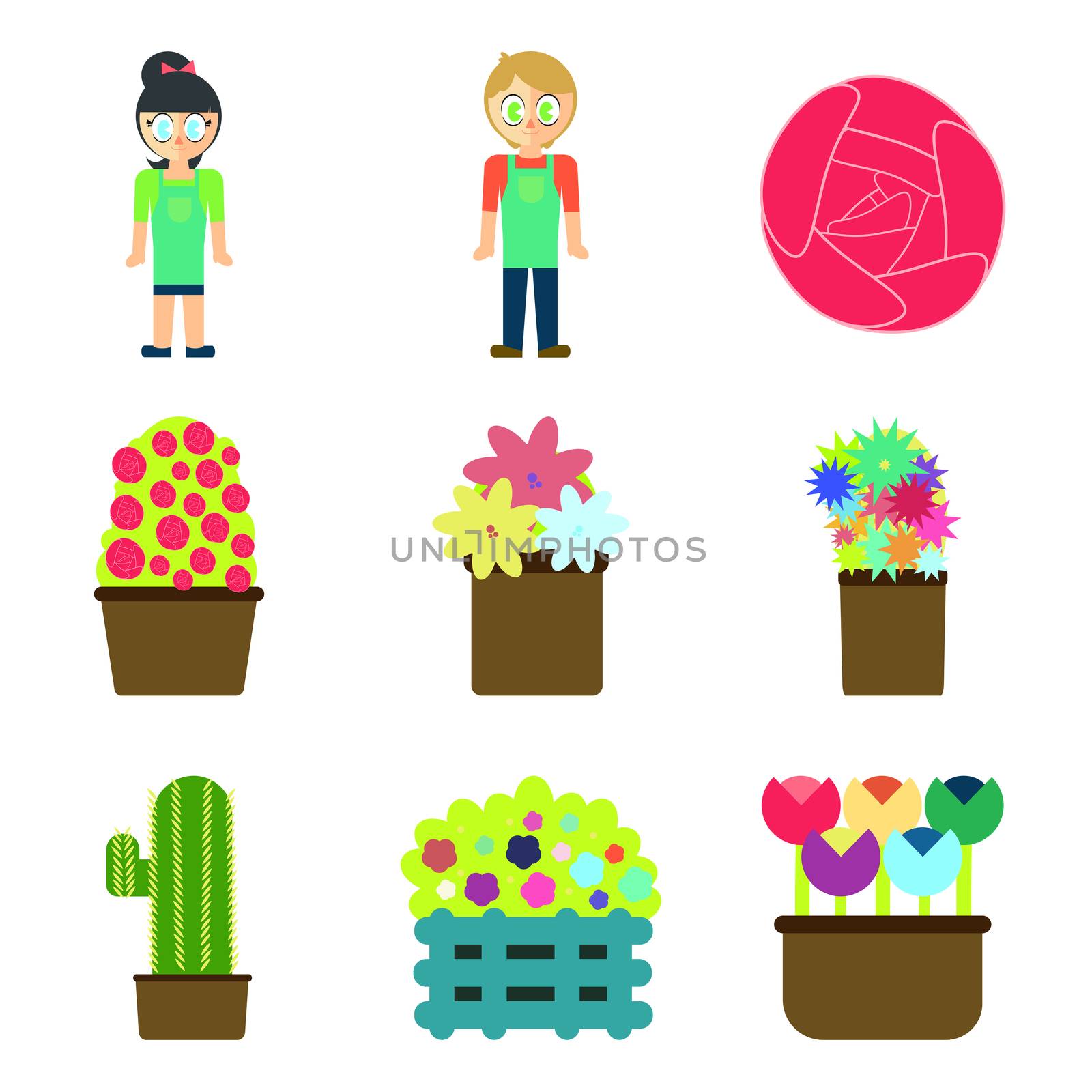 Vector set of florist and floral equipments against white background