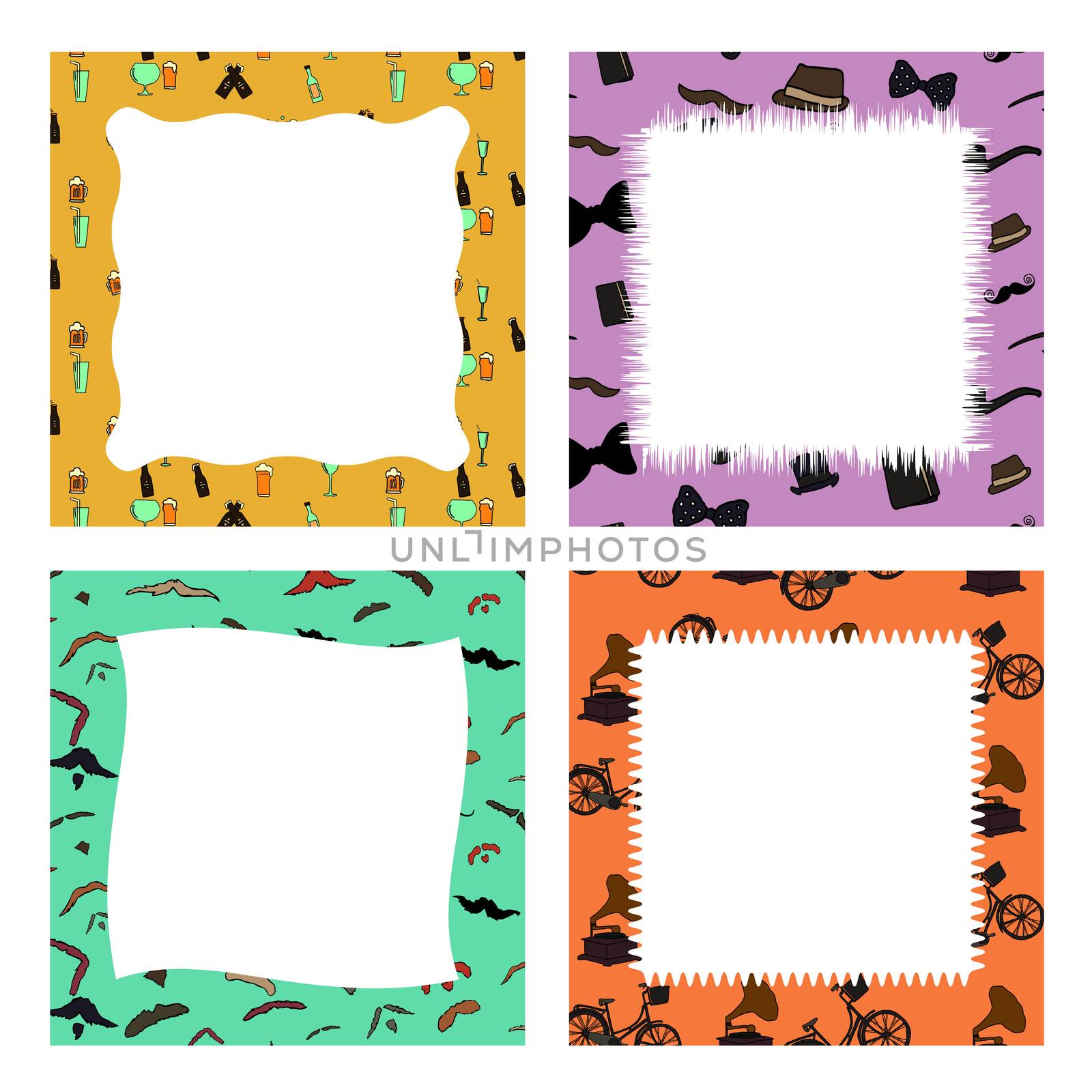 Vector set of frames with vintage icons against white background