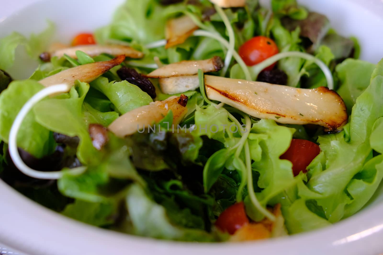Delicious vegetables salad with slices of grilled mushrooms and vegetables. Organic healthy, Weight Loss Nutrition food concept. Dishes from fresh products for vegans. 