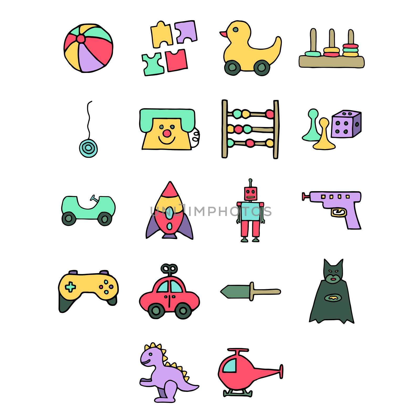Vectors icons of various toys against white background