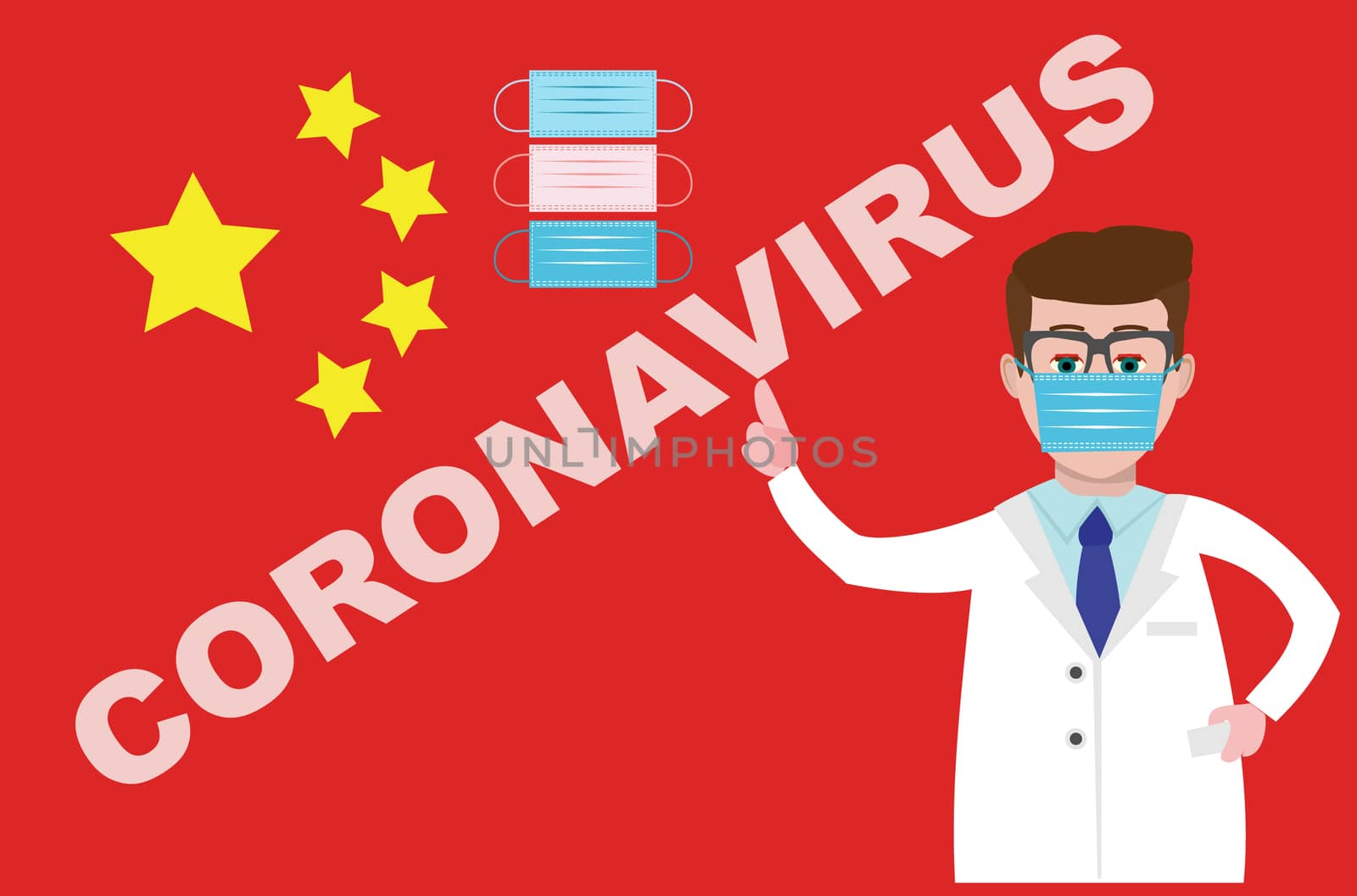 Doctor wearing a medical mask and pointing to it with her finger on flag of China background. Set of surgical mask. Vector illustration healthcare concept. Coronavirus in China.