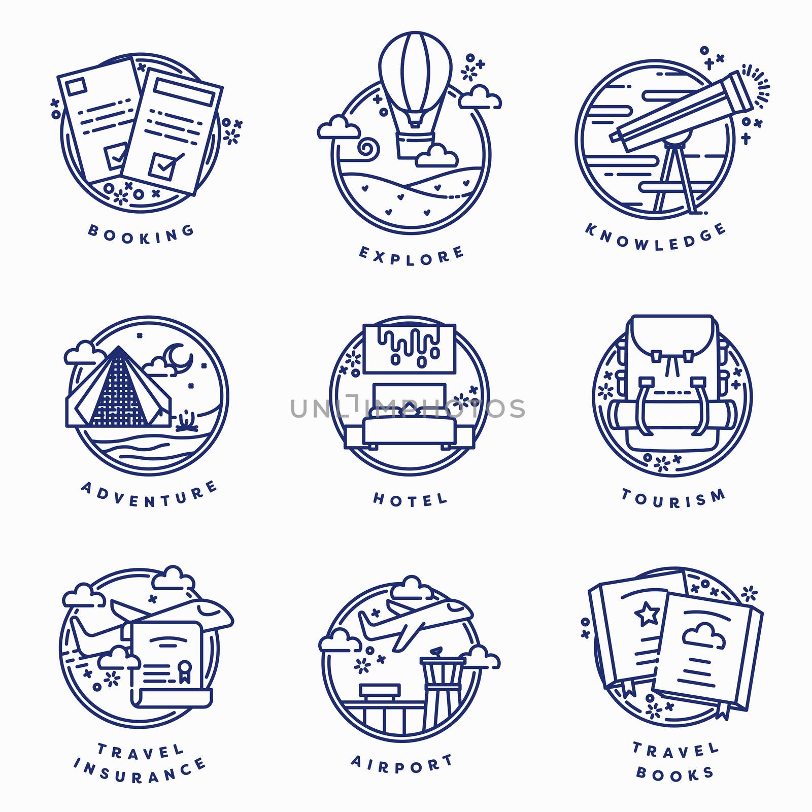 Vector icon set of travel against white background