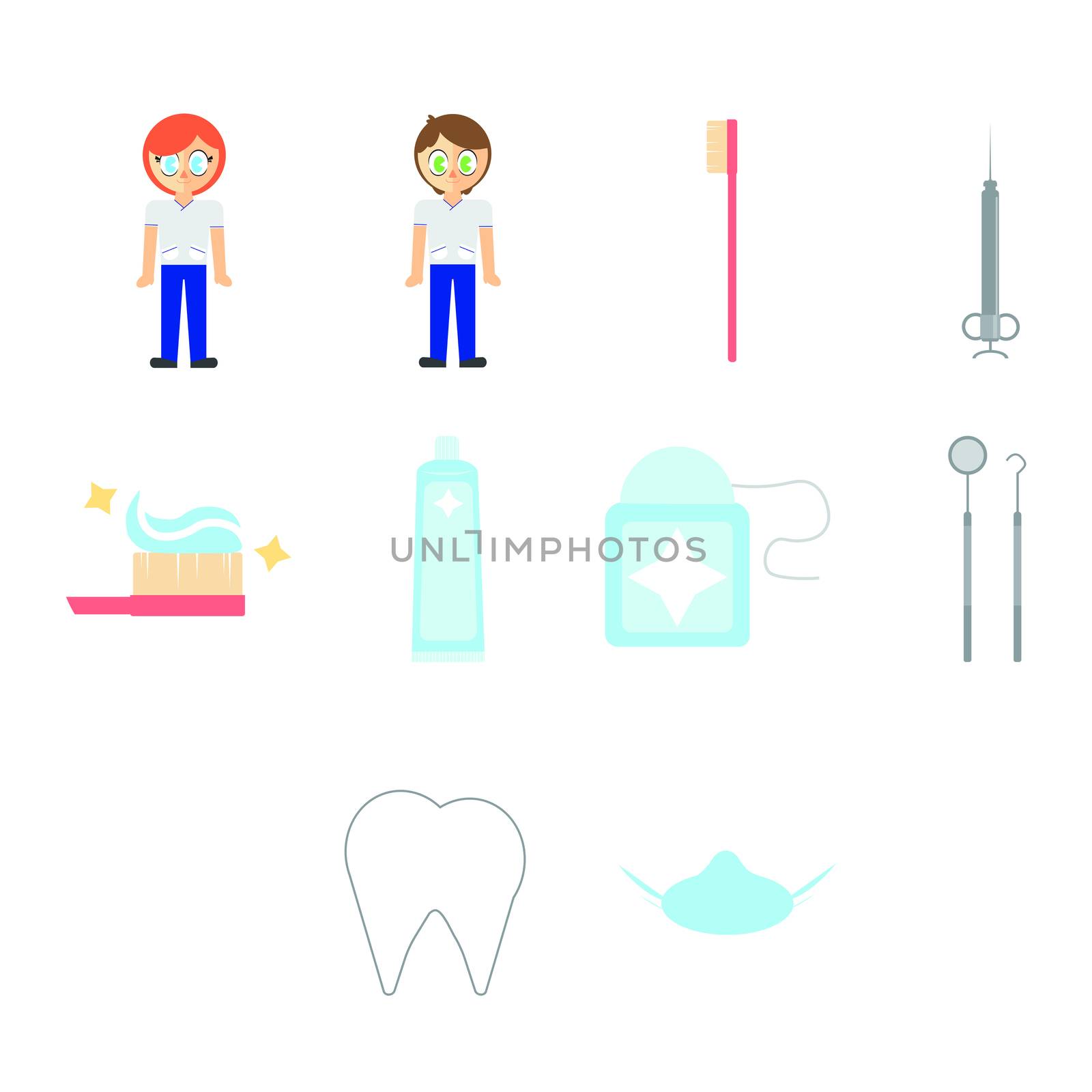Vector set of dentist and dental equipments against white background