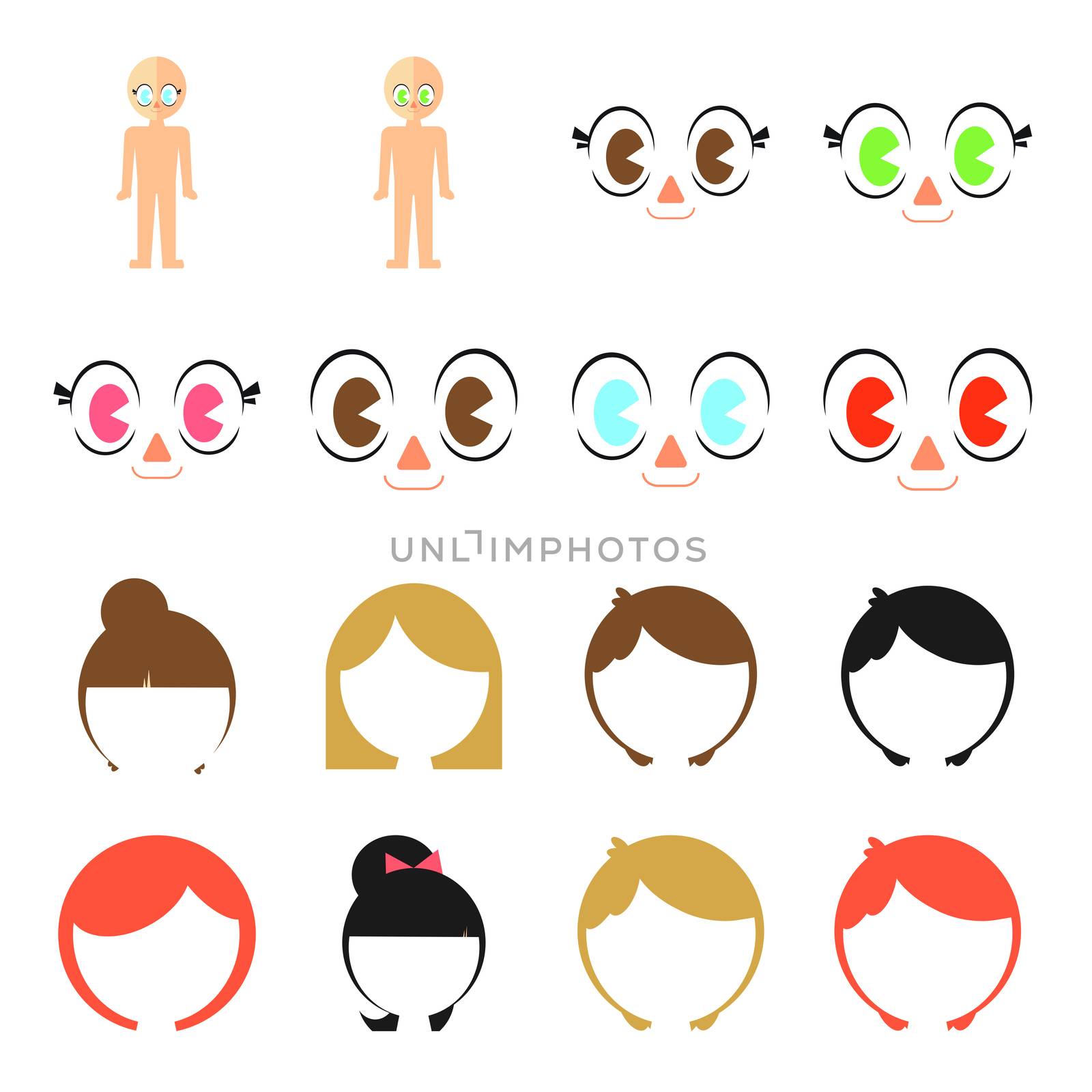 Vector set of various hairstyles and contact lens against white background
