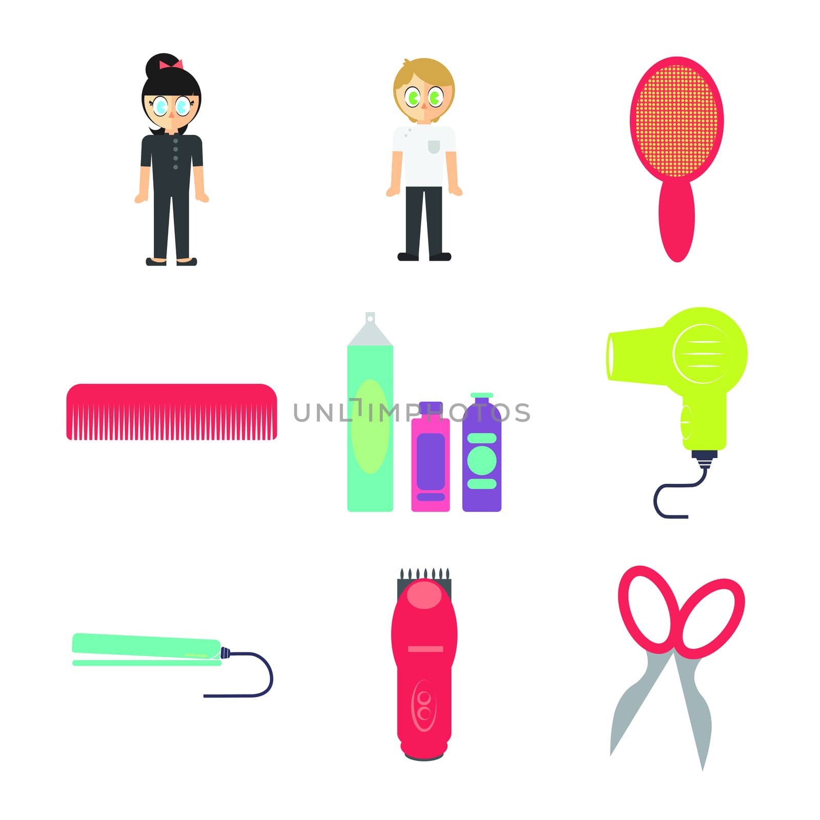 Vector set of barbers and accessories on white background