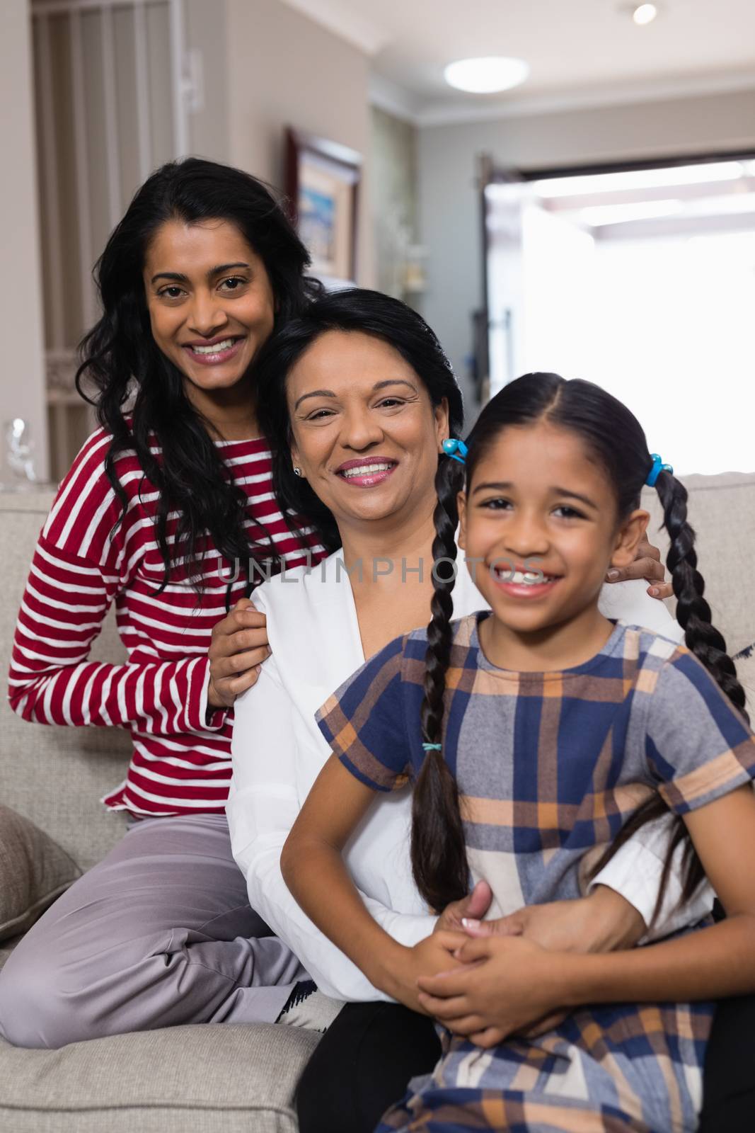 Portrait of smiling multi-generation family in row at home