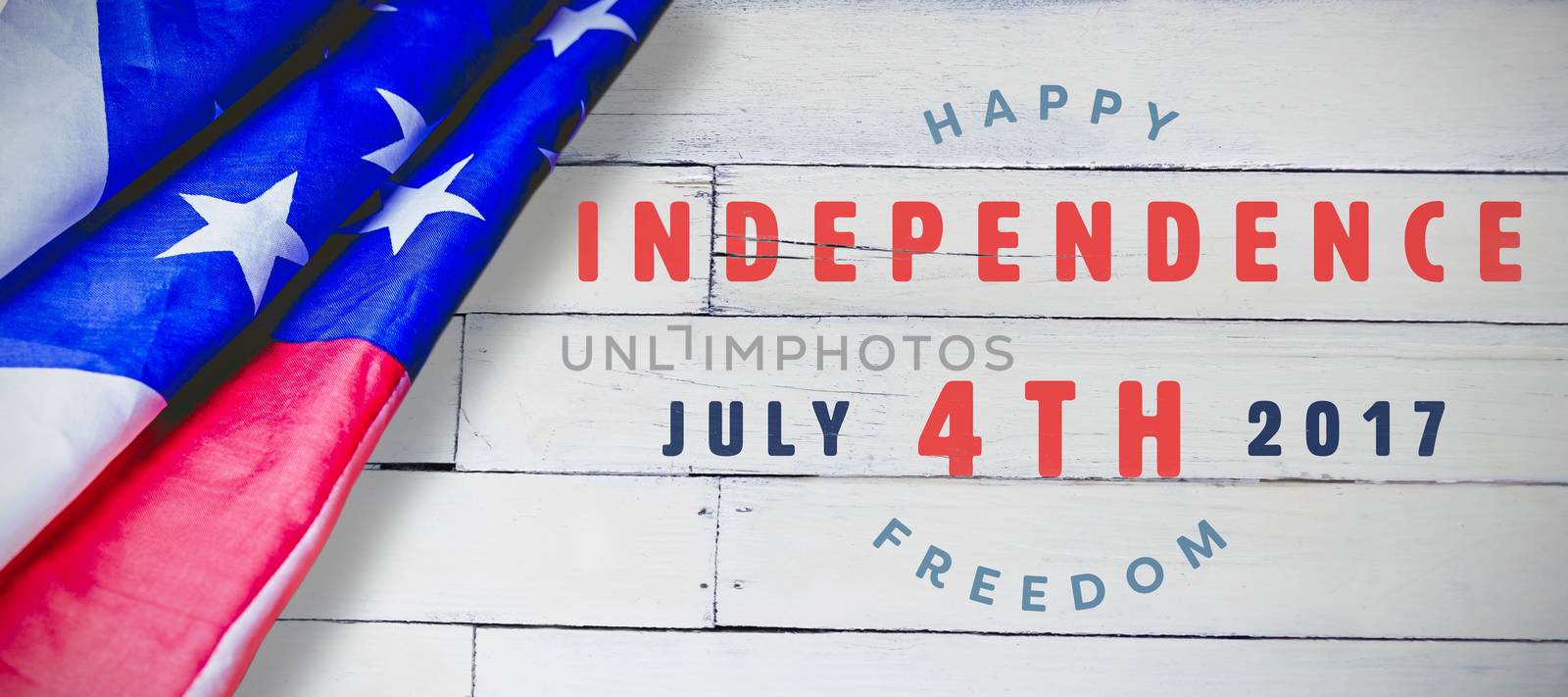 Computer graphic image of happy 4th of july text against wood panelling