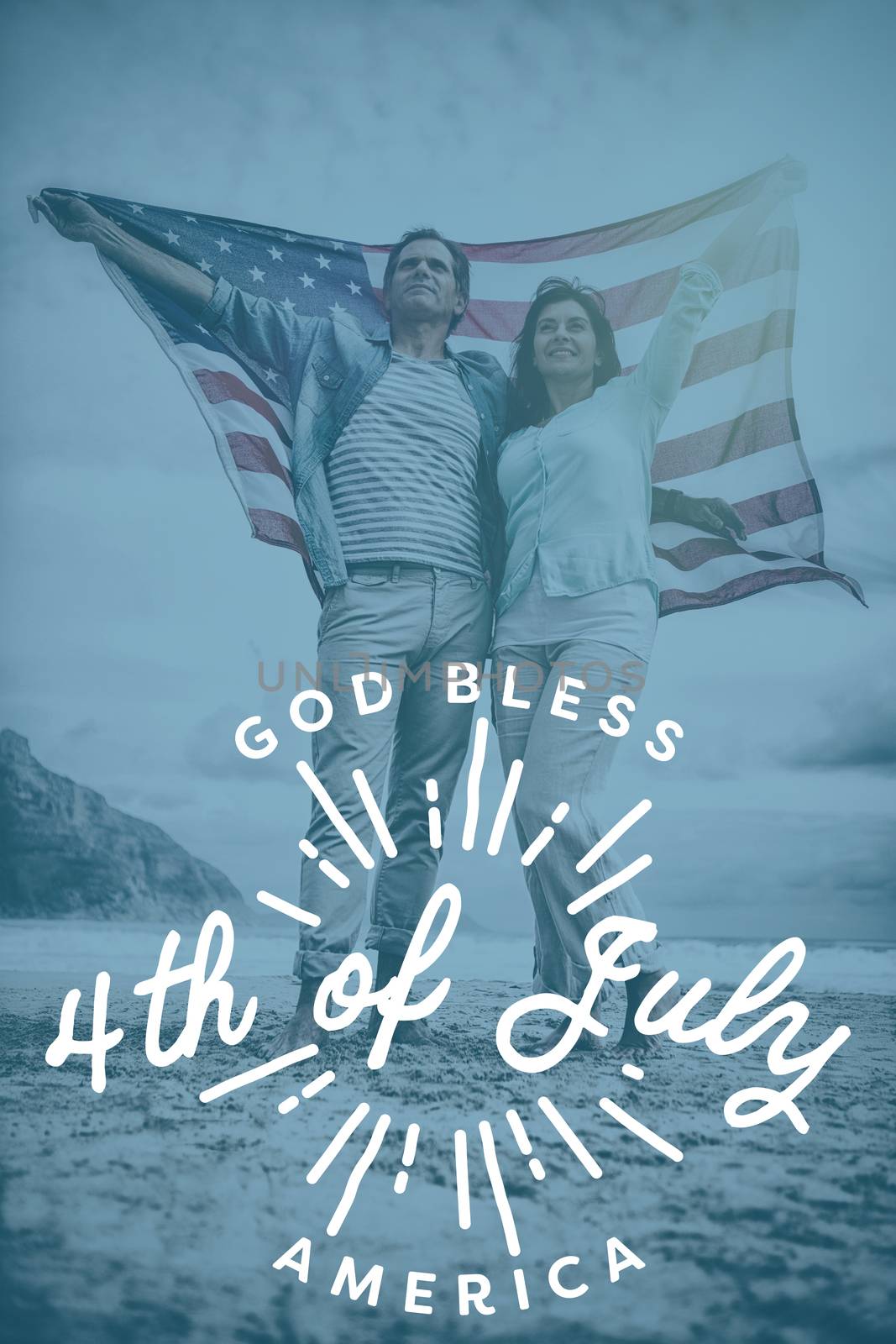 Digitally generated image of happy 4th of july message against full length of couple holding american flag against sky 