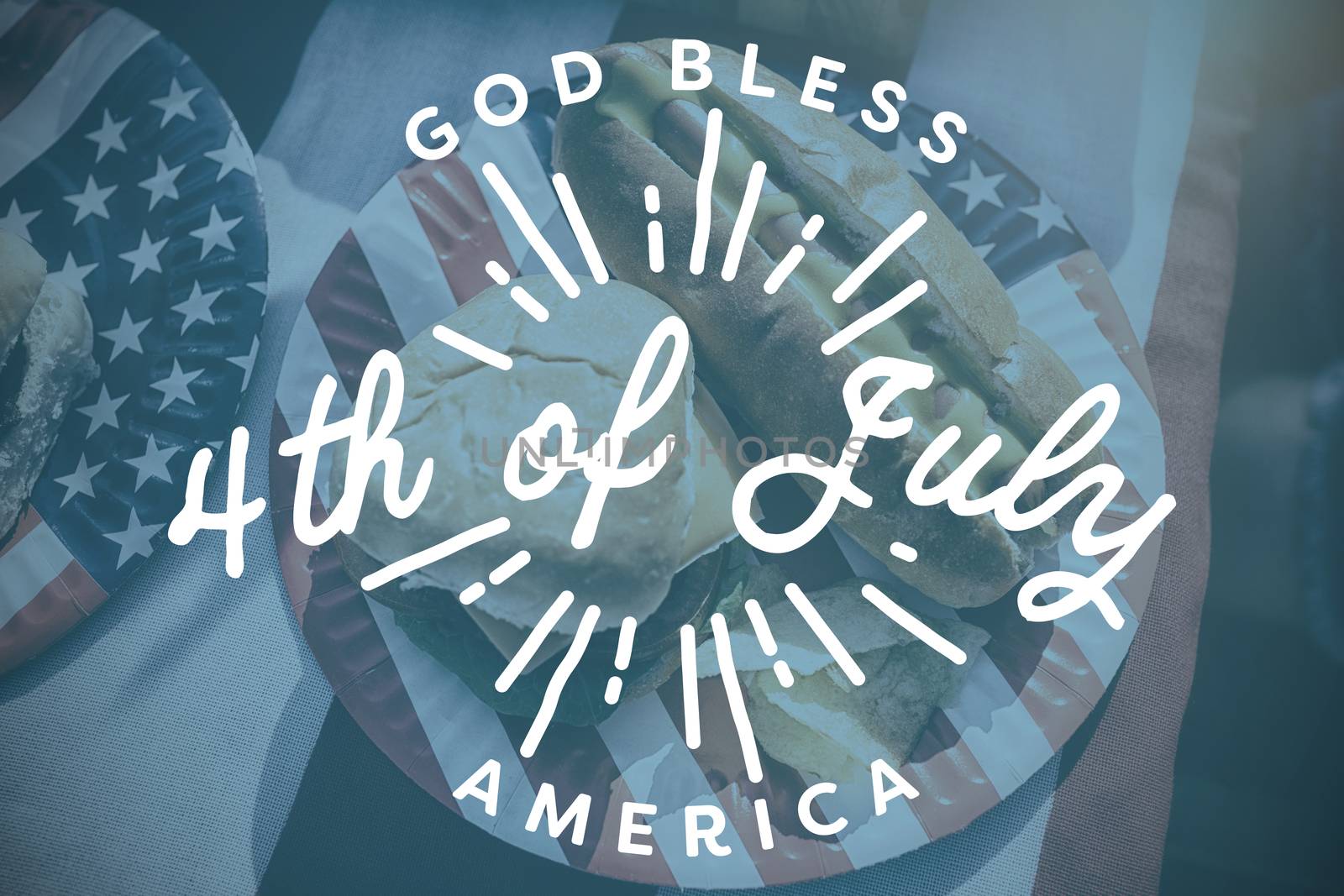 Digitally generated image of happy 4th of july message against american lunch with hot dog and burger