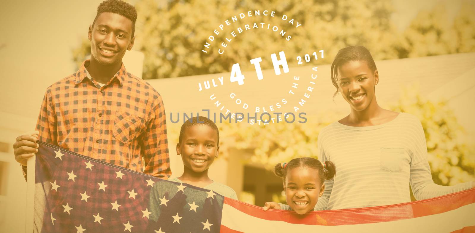 Multi colored happy 4th of july text against white background against portrait of happy family holding american flag on sunny day 