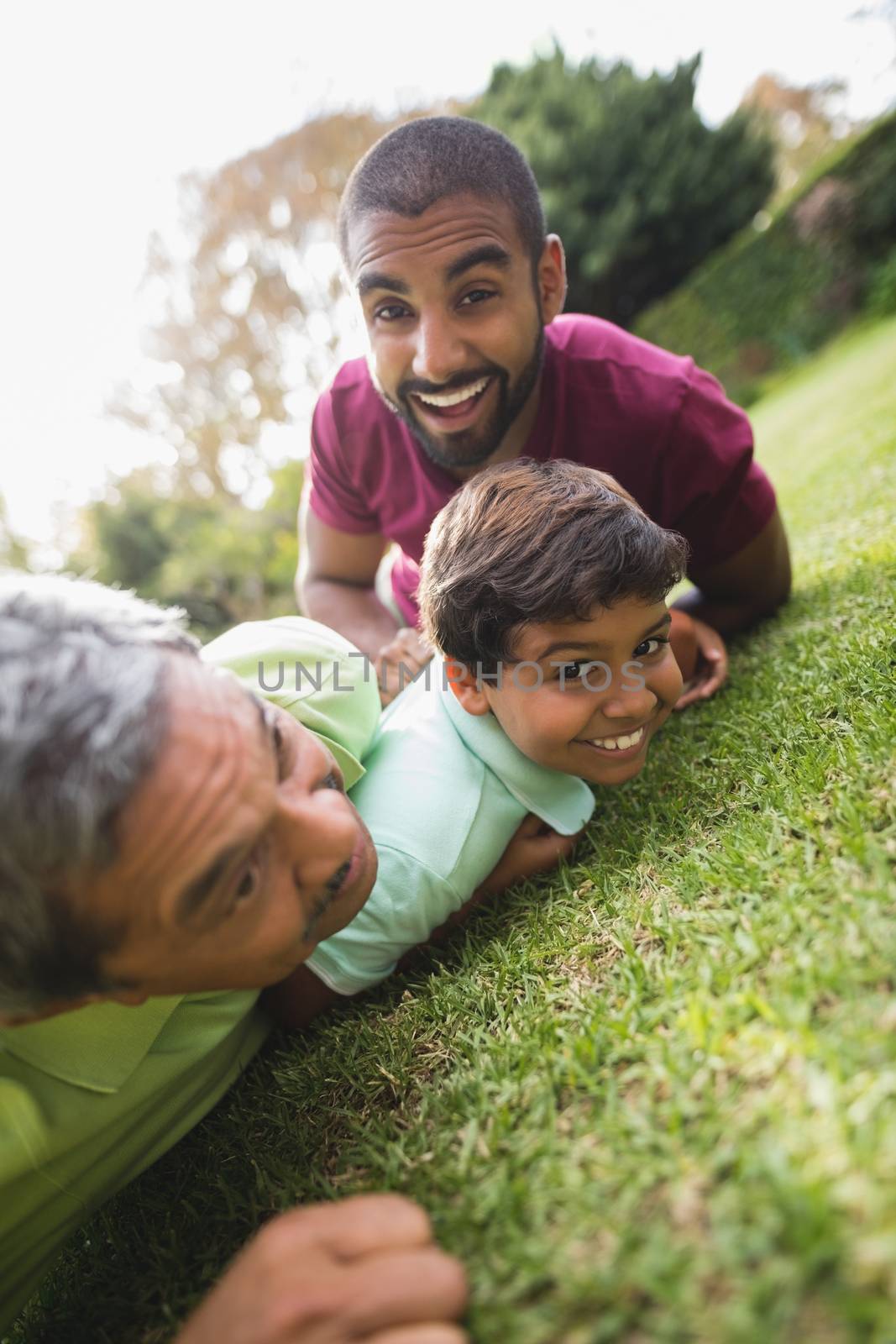 Happy multi generation family lying on grass at park