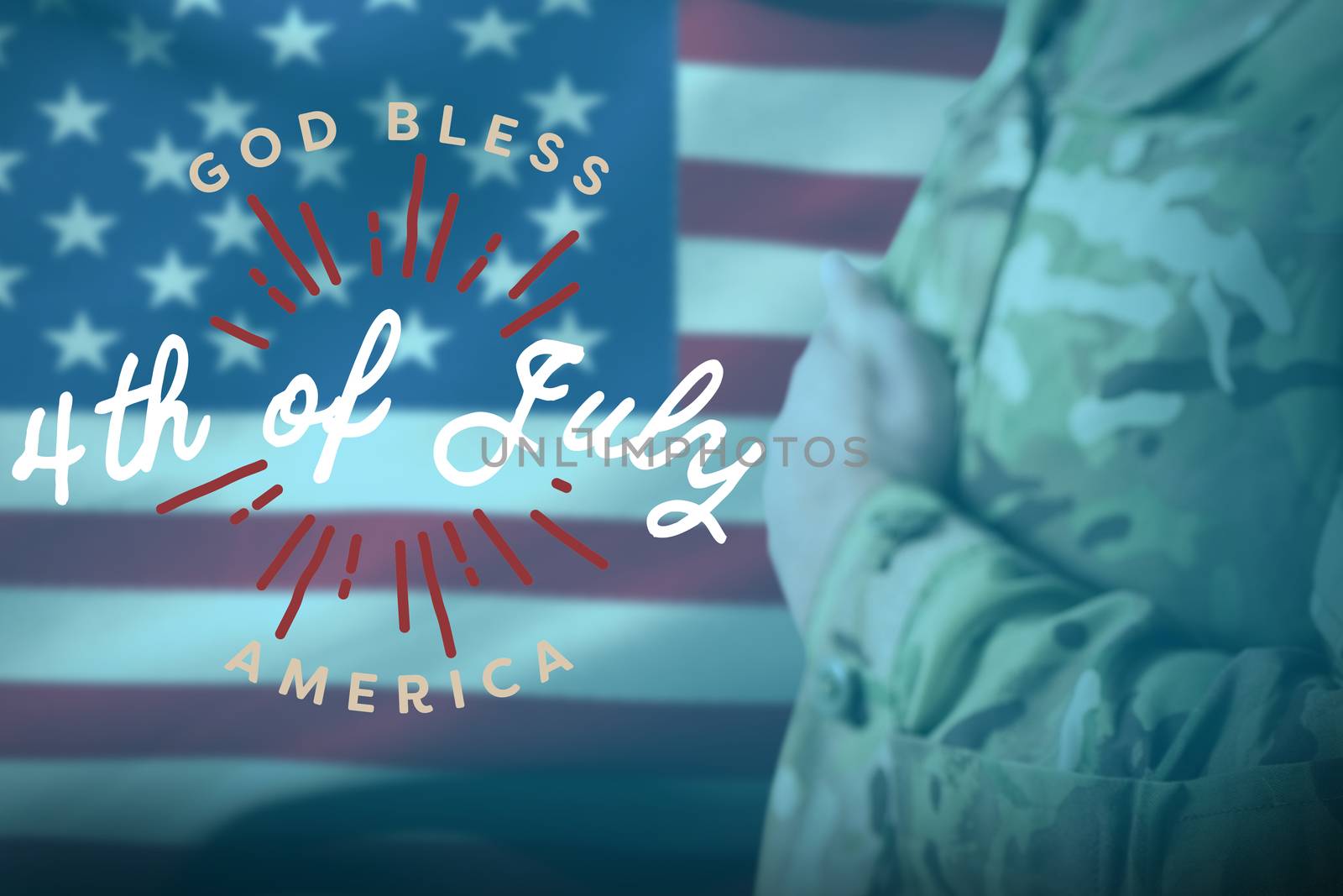 Mid section of military soldier taking oath against digitally generated image of happy 4th of july message
