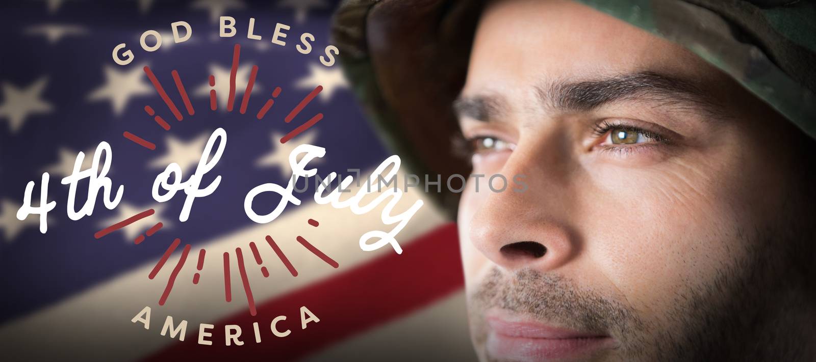 Close up of thoughtful soldier against digitally generated image of happy 4th of july message