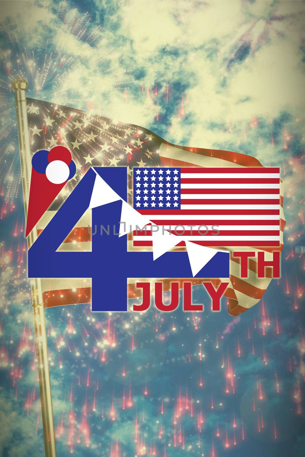 Vector image of 4th July text with flag and decoration  against colourful fireworks exploding on black background