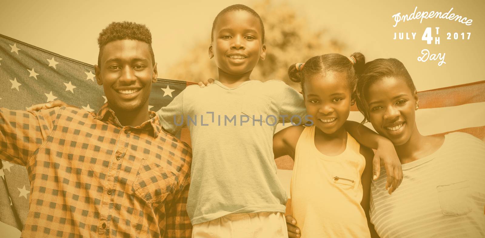 Digitally generated image of happy 4th of july message against portrait of happy family with american flag on sunny day
