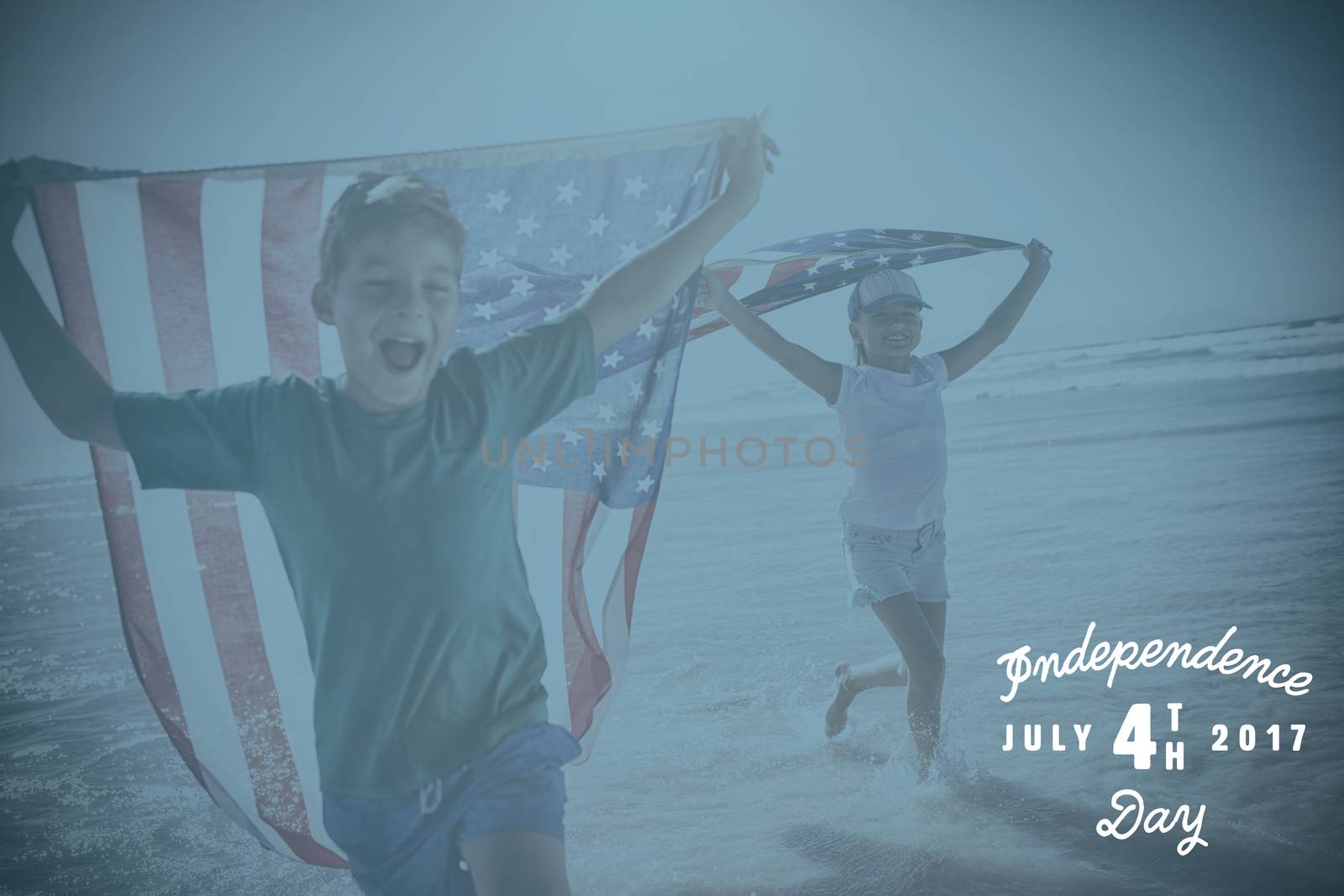 Digitally generated image of happy 4th of july message against happy children taking an american flag
