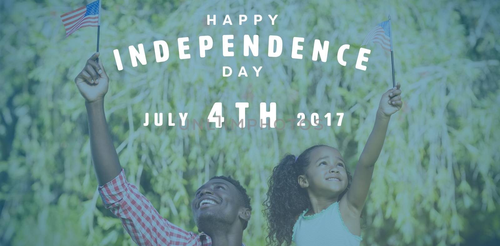 Happy 4th of july text on white background against happy father and daughter holding american flags on sunny day 